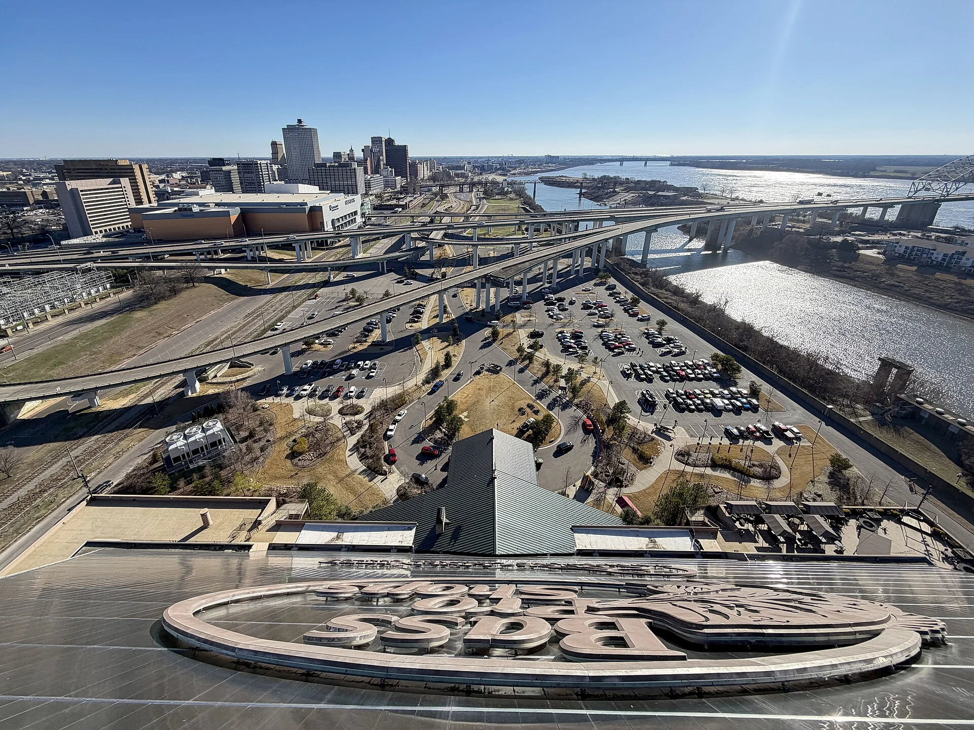 An aerial view of the Bass Pro Shops Pyramid and its parking lot
