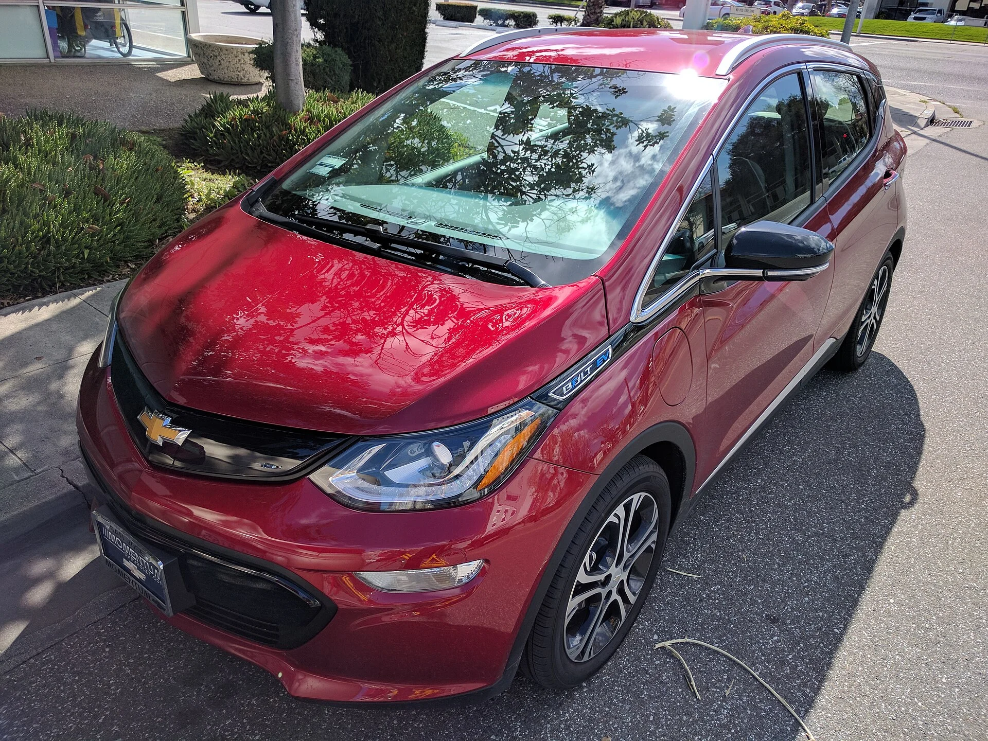 A Chevy Bolt EV hatchback (front view), the electric car this Chevy Bolt car camping guide is built around.