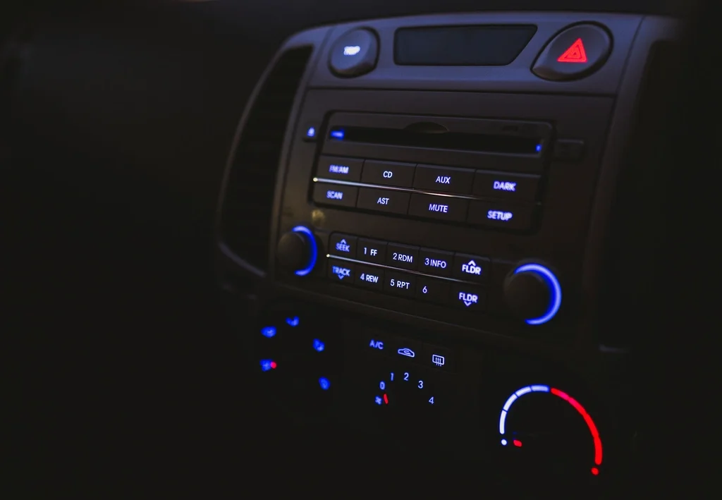 A modern car centre-console radio, where you set the FM band and station the transmitter broadcasts on