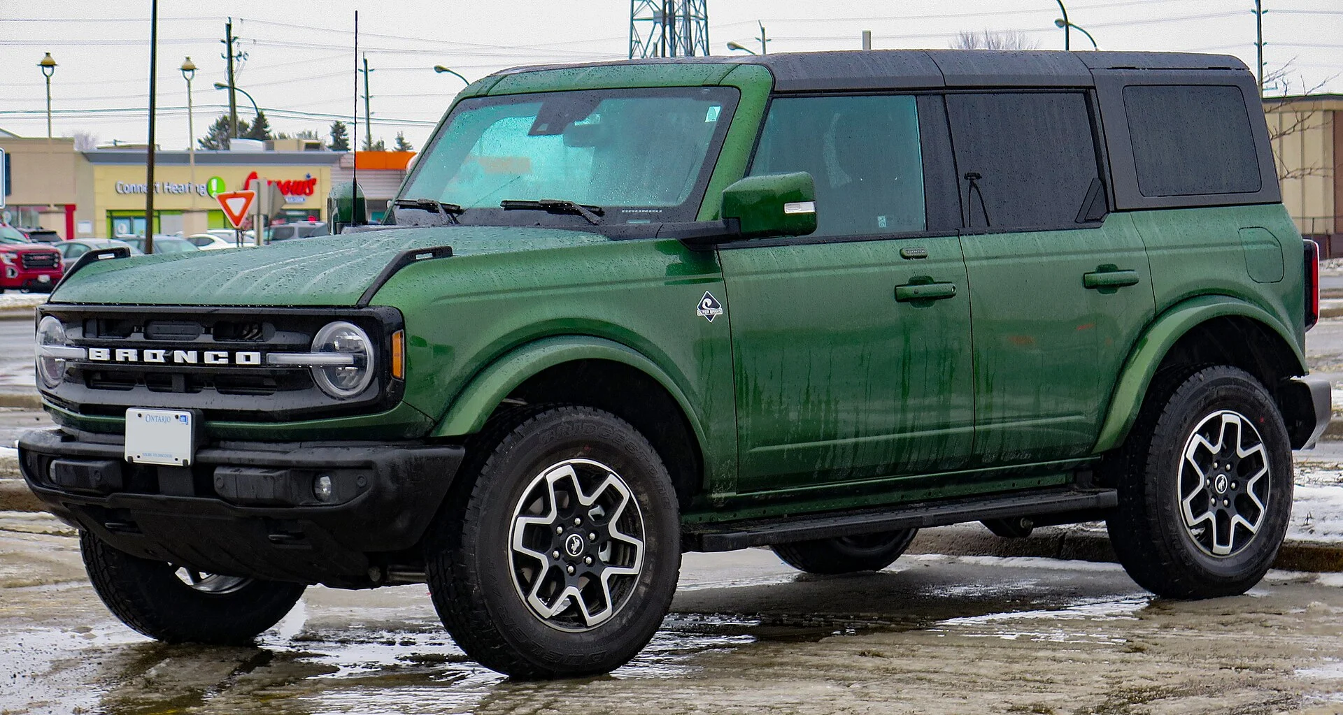 Green Ford Bronco Outer Banks four-door, front three-quarter