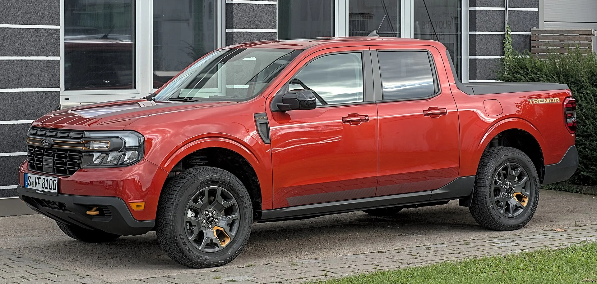 A Ford Maverick rear three-quarter with the tailgate, the bed end you load the platform through