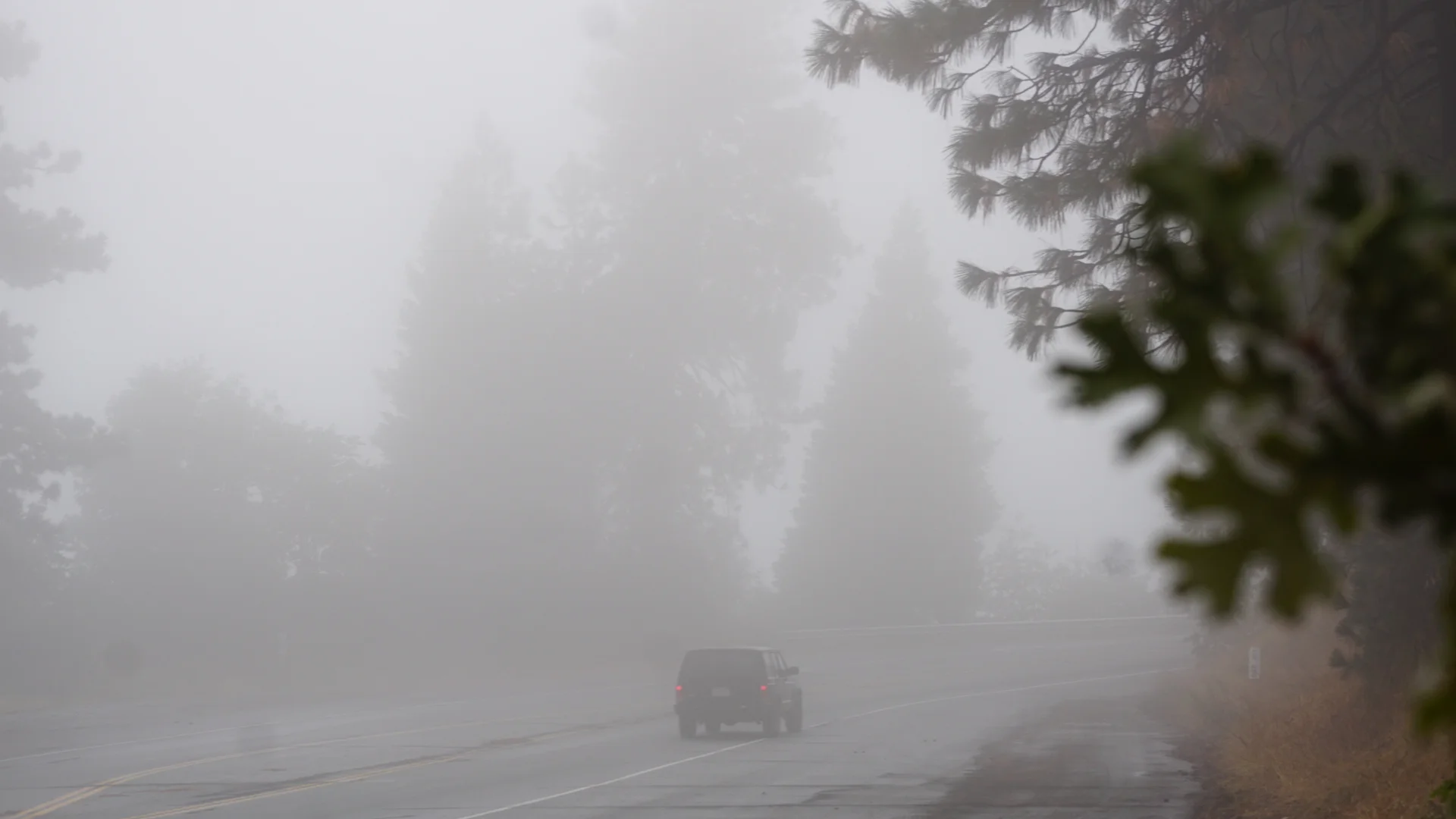 A vehicle disappearing into heavy fog on a mountain highway, visibility down to a few car lengths