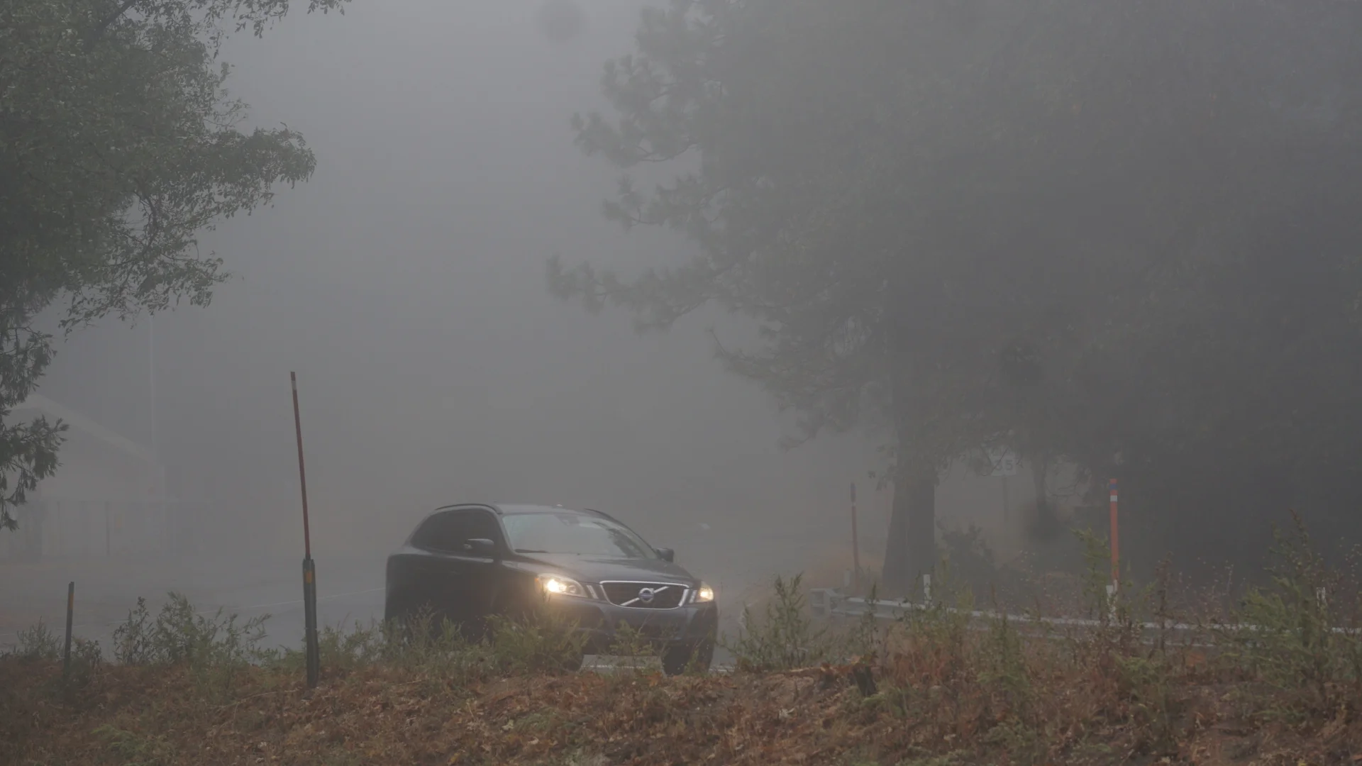 A dark SUV emerging from heavy fog with headlights on, low visibility
