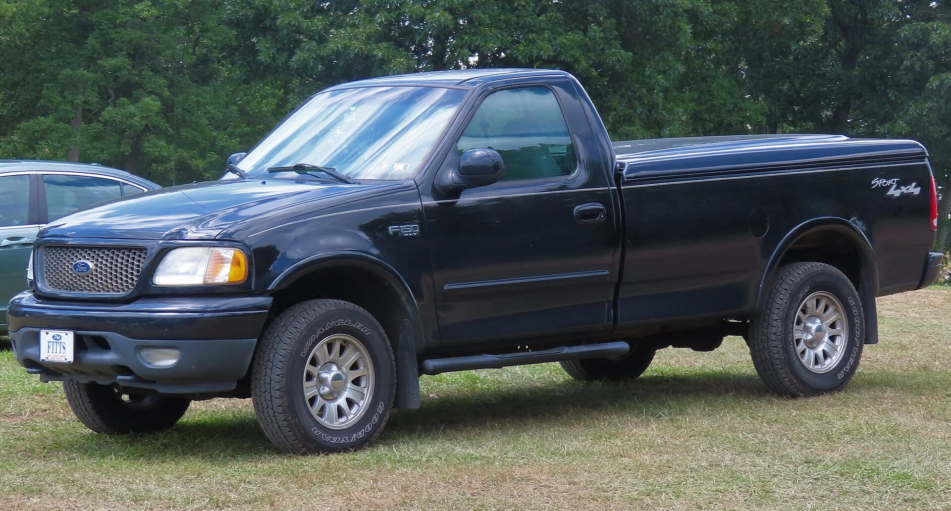 Dark-blue Ford F-150 XLT regular-cab pickup with a long styleside cargo bed, parked on grass in side profile.
