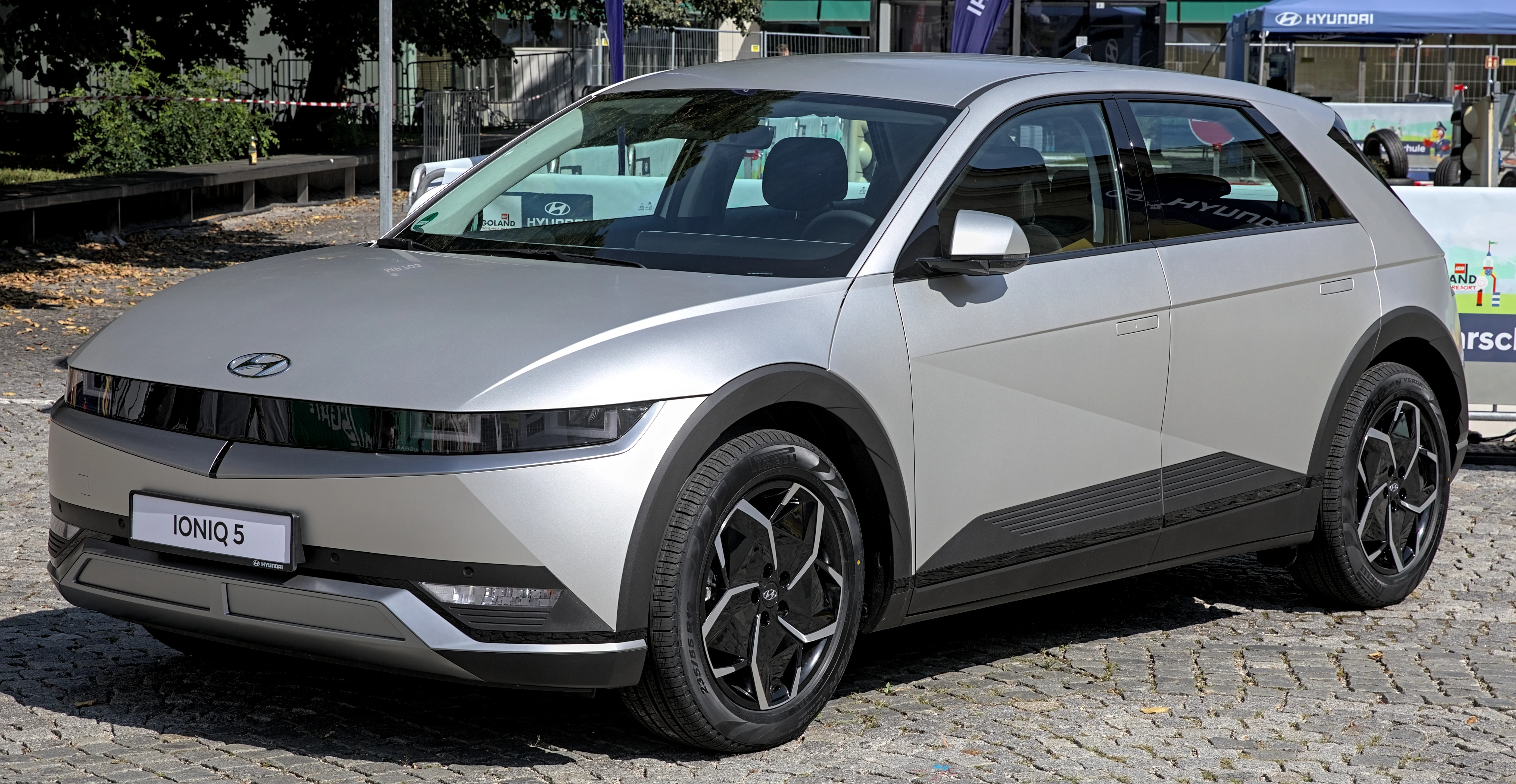 Hyundai Ioniq 5 front three-quarter, the electric crossover used for camping