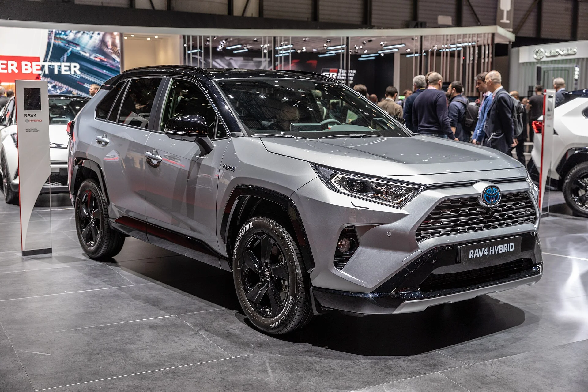 Toyota RAV4 Hybrid in silver, front three-quarter view