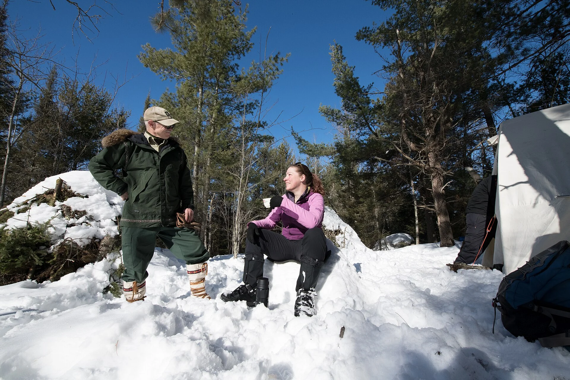 A campsite among snowy pines in Superior National Forest