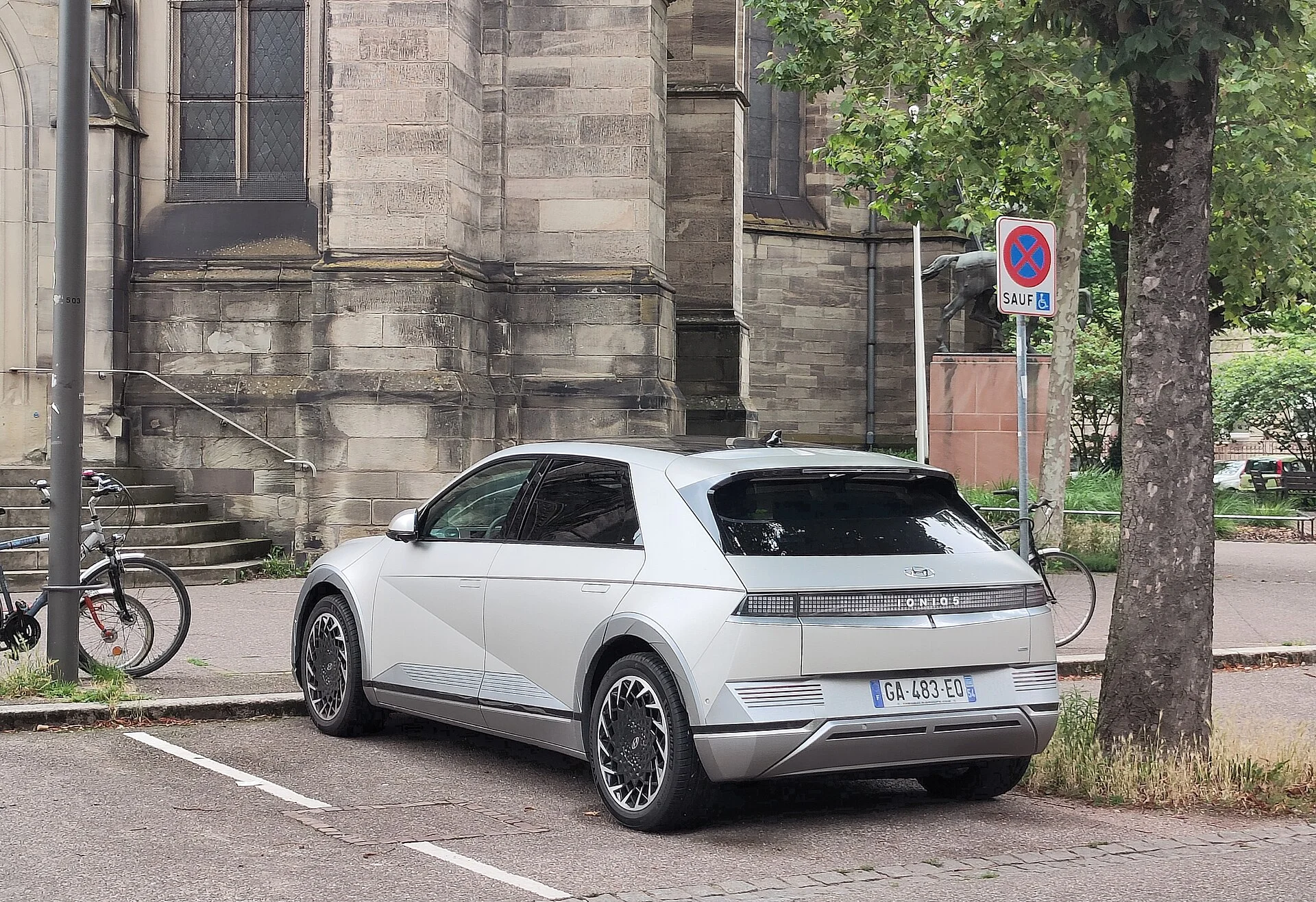 Silver Hyundai Ioniq 5, rear three-quarter view