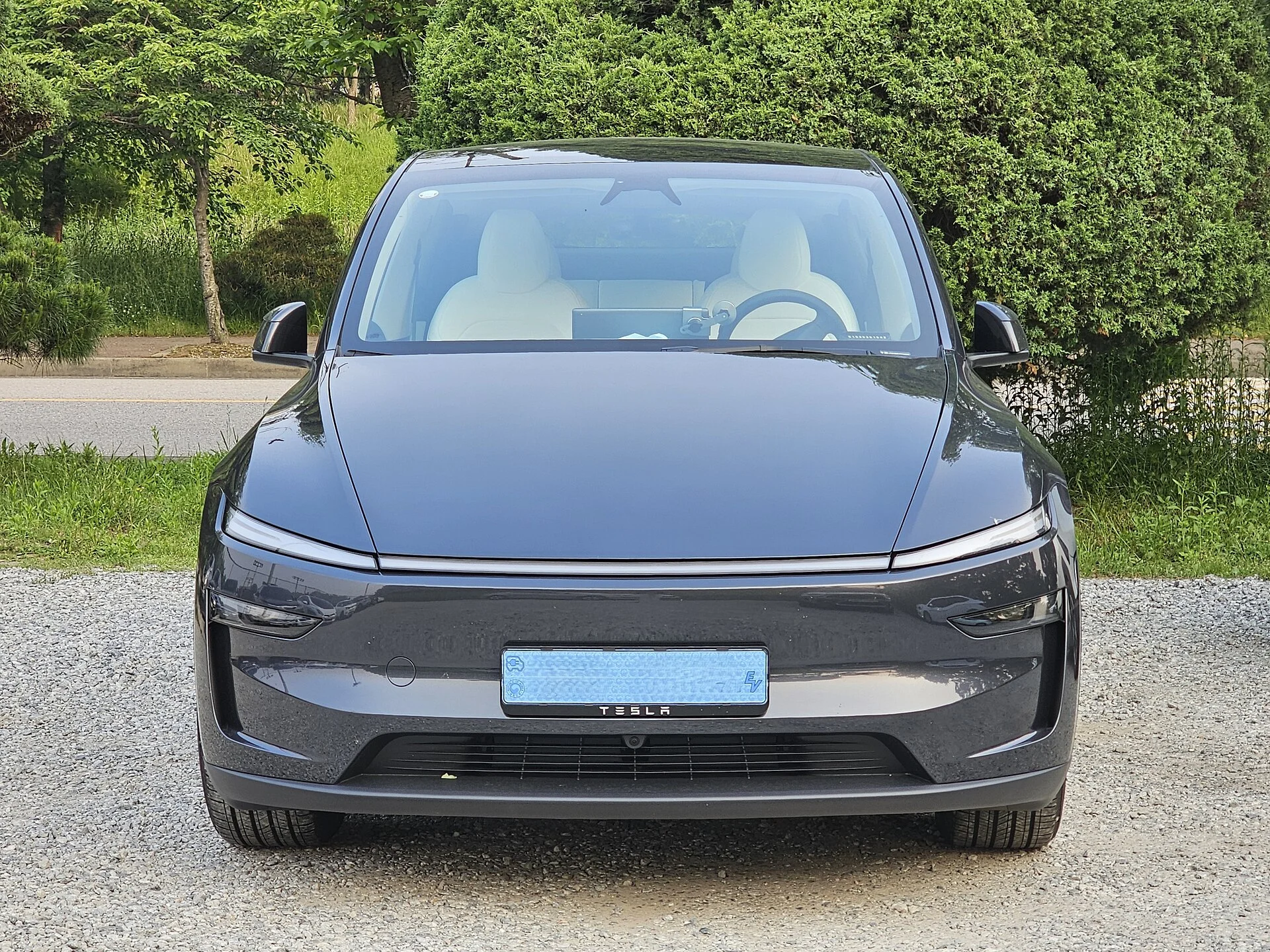 A grey Tesla Model Y front