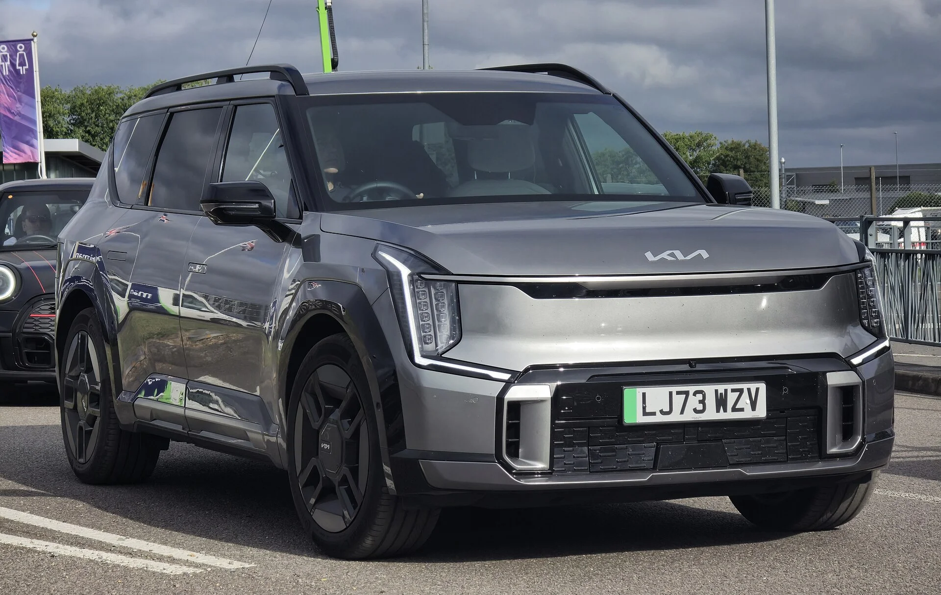 Silver Kia EV9 GT-Line, front three-quarter