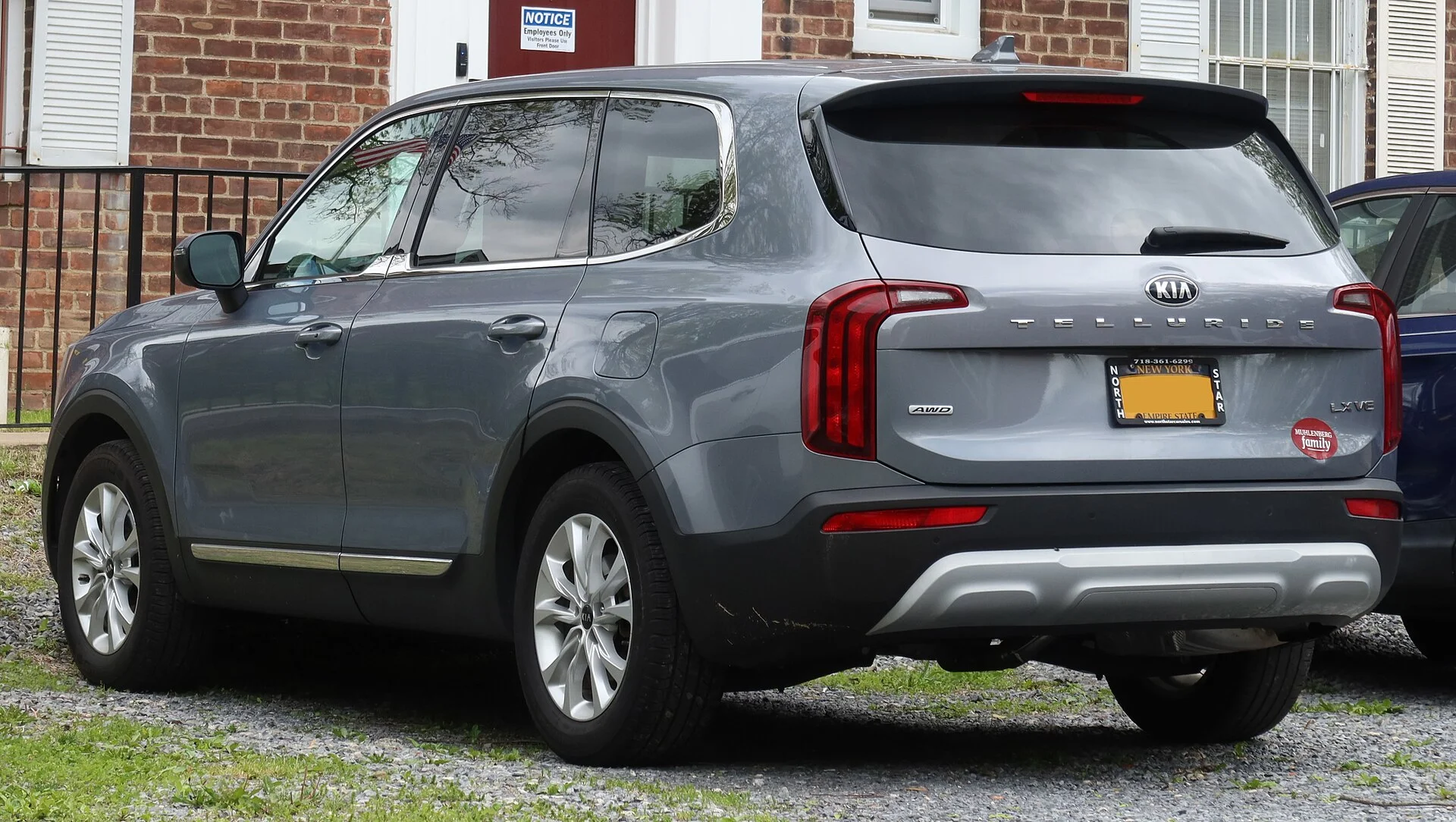 Kia Telluride LX — a grey 2020 Telluride, side and rear three-quarter view showing the roof rails