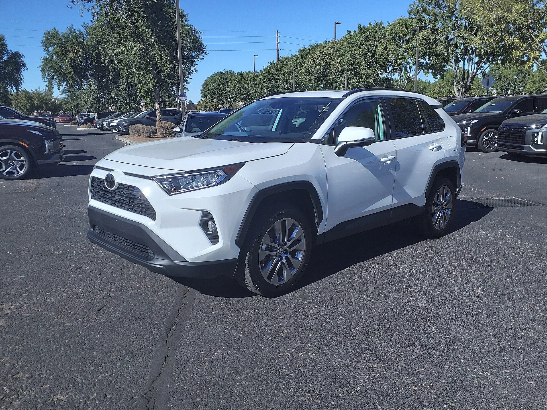 White Toyota RAV4 XLE Premium compact SUV, current fifth generation, front three-quarter view in a dealership lot.