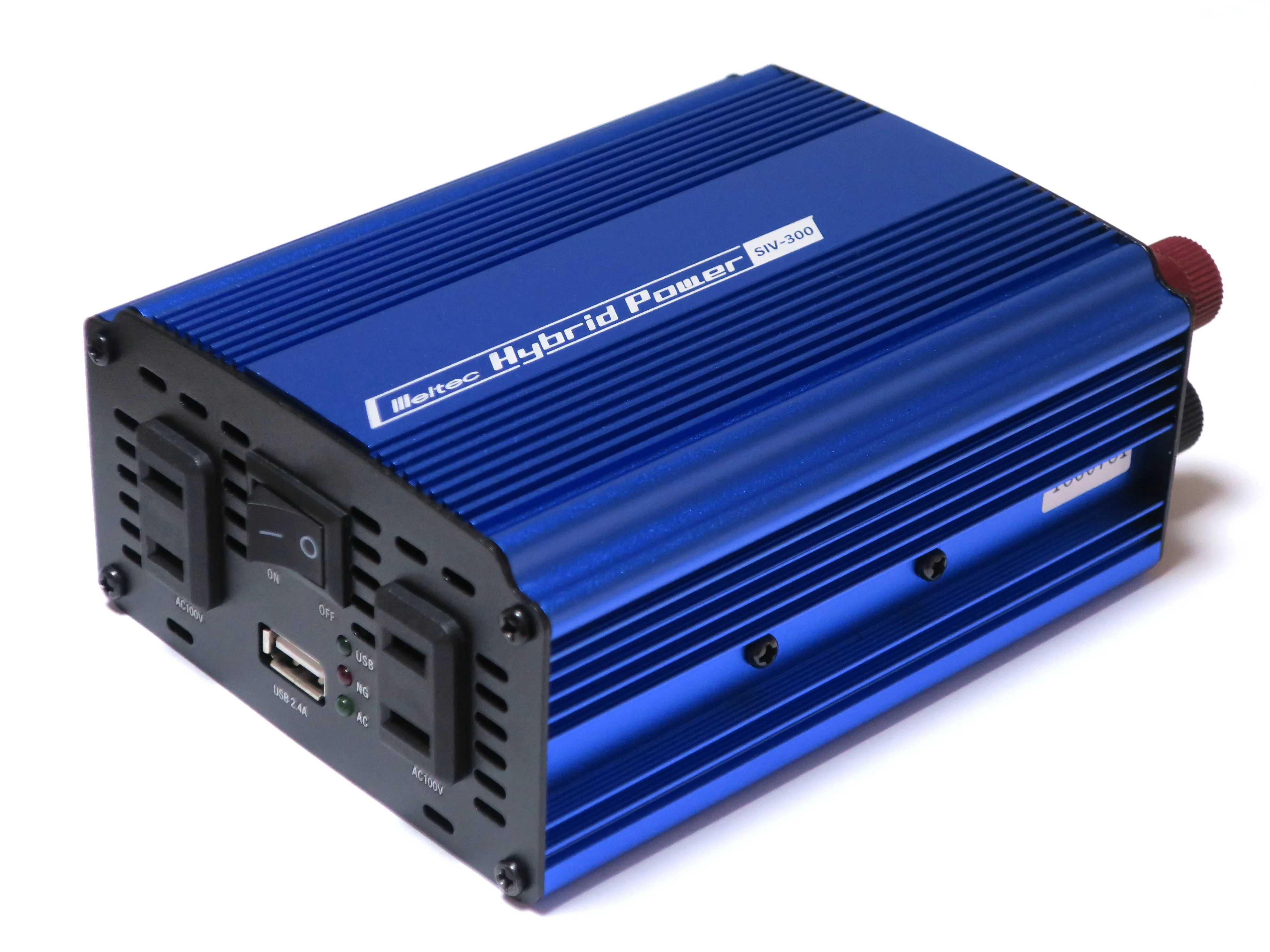A blue car power inverter with two AC outlets, a USB port and an on/off switch, on a white background.