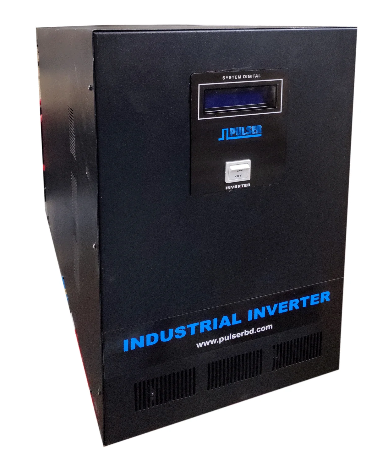 Black Pulser industrial power inverter tower, three-quarter view showing its digital display and the ventilation grilles across the lower front