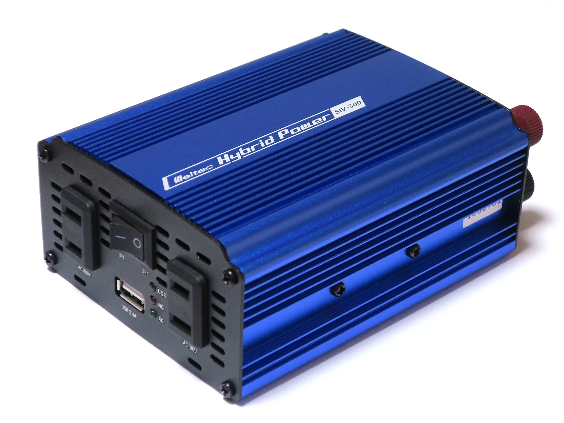 Blue finned-aluminum Meltec power inverter, three-quarter view showing its power switch, USB port, and AC outlet on the end panel