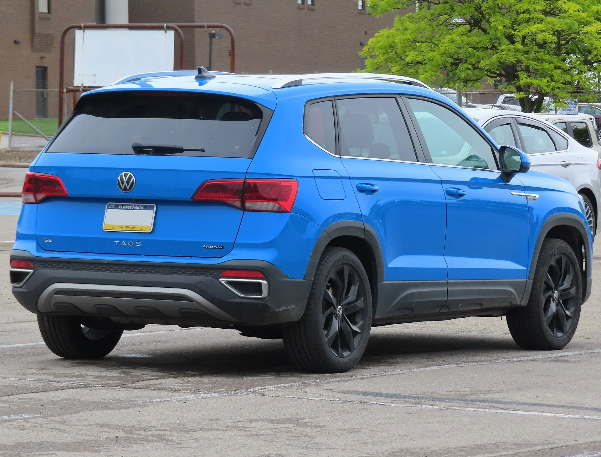 A VW Taos compact SUV (rear view), the vehicle this Taos car camping setup guide covers.