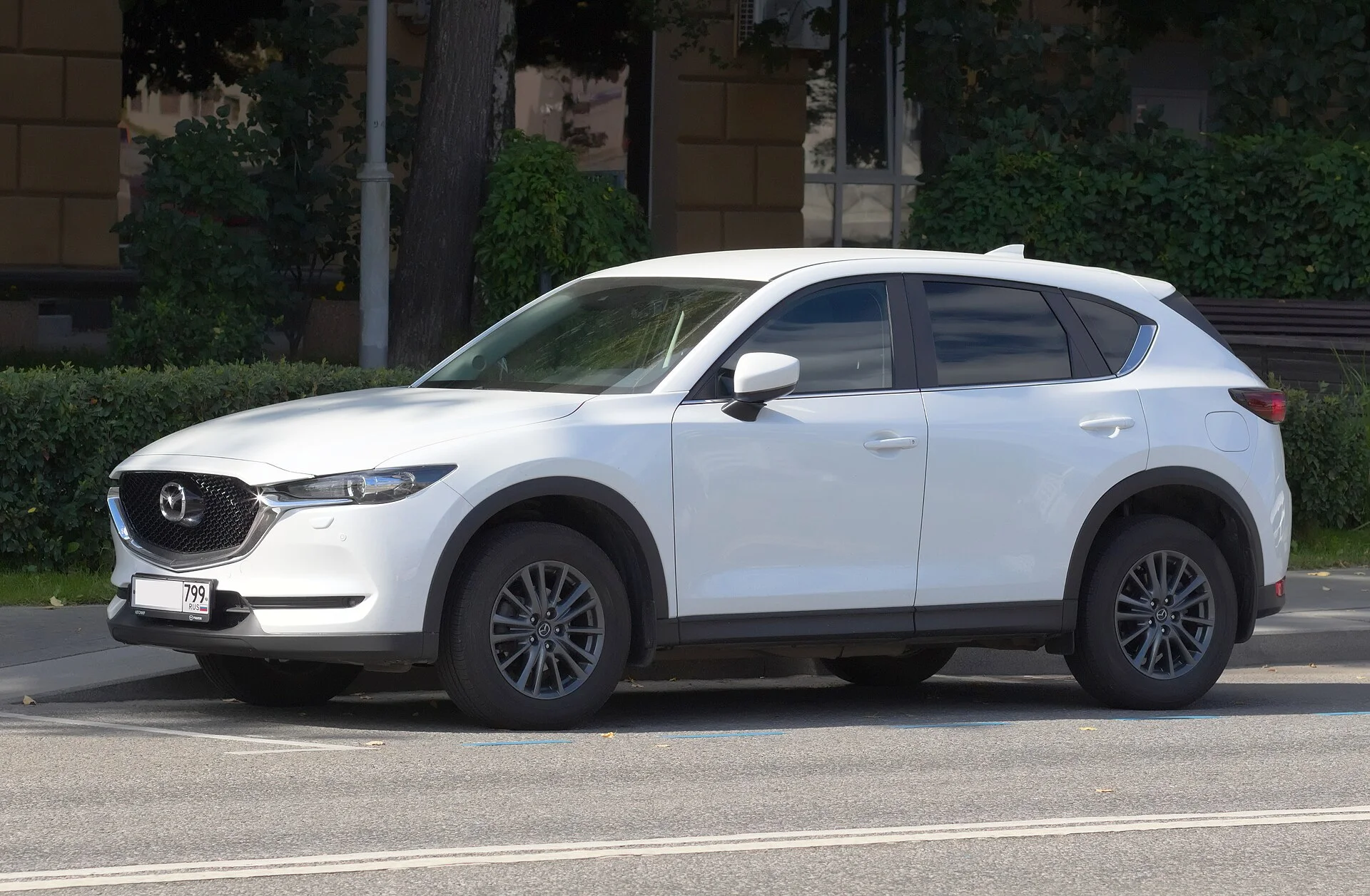 White Mazda CX-5, current generation, front three-quarter view