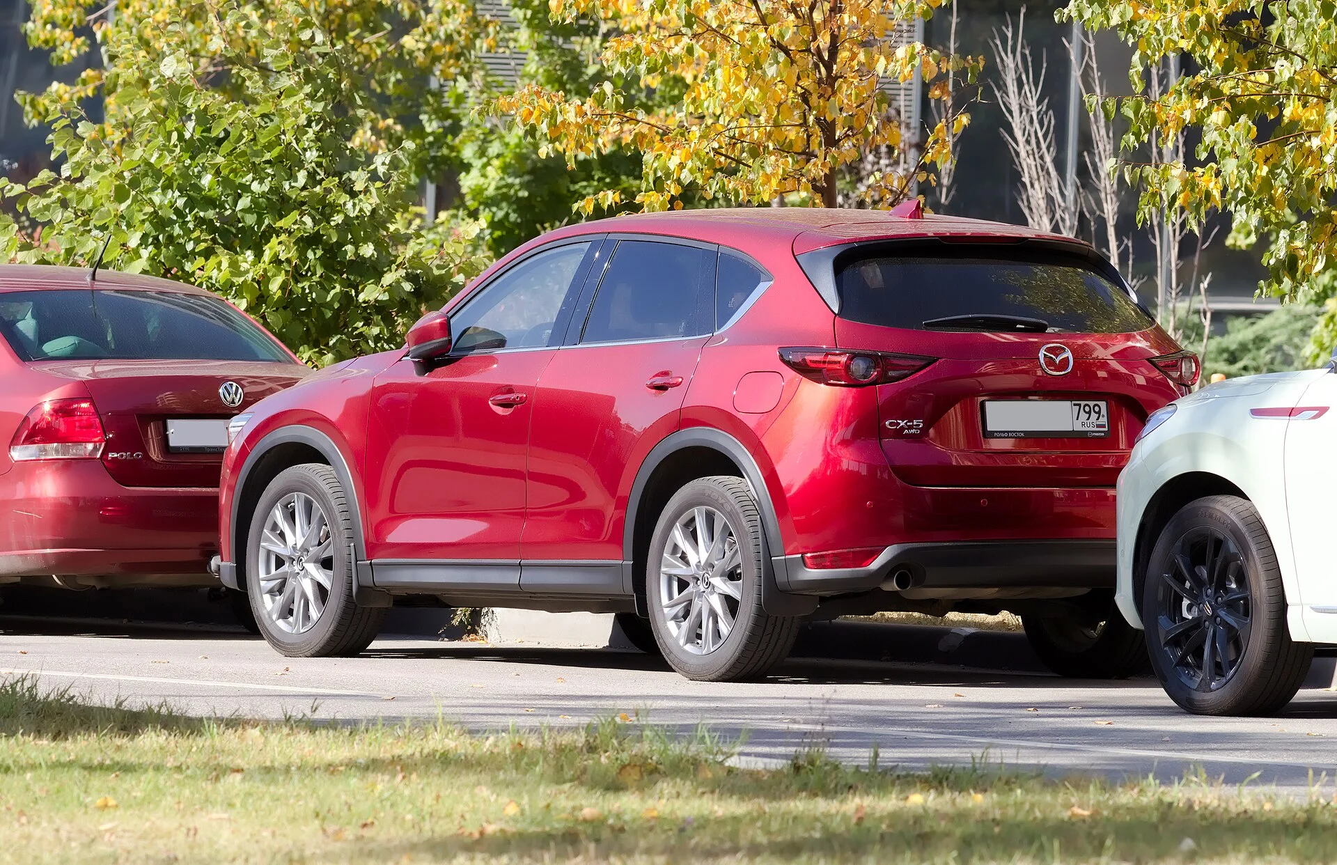 Red Mazda CX-5, current generation, front three-quarter view
