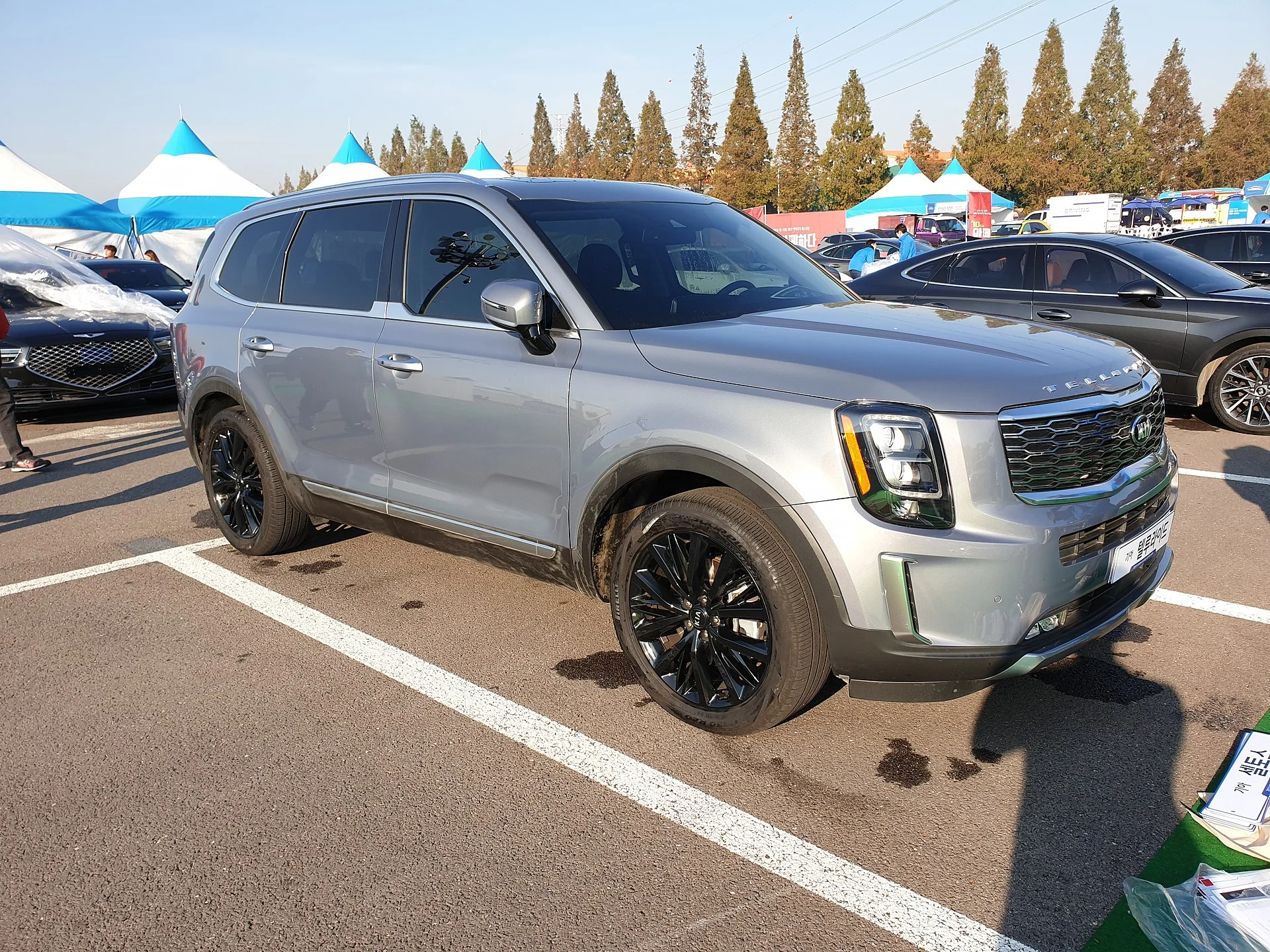 Silver Kia Telluride, front three-quarter view