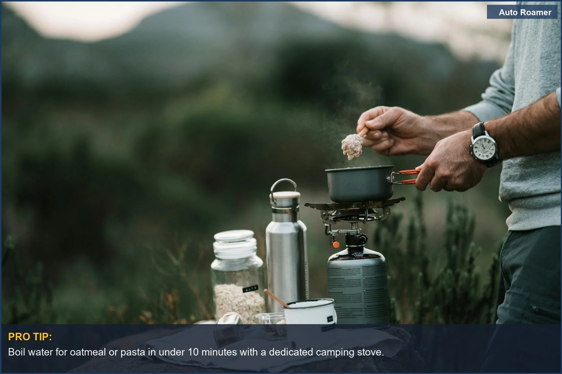 Person cooking breakfast with a portable camping stove, highlighting adventure and choosing a camping stove.