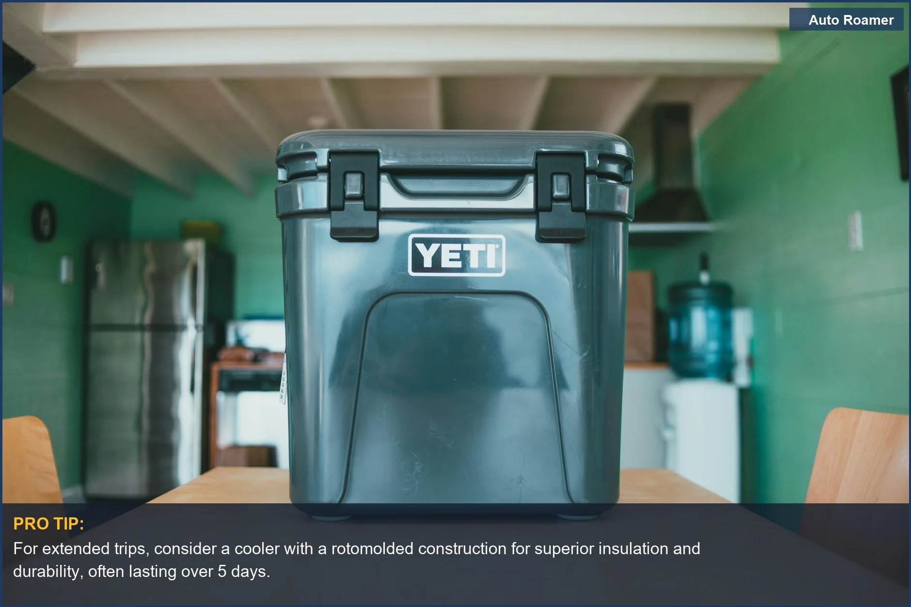 Sturdy YETI cooler on a table, highlighting the importance of reliable cooling for portable refrigerator benefits.