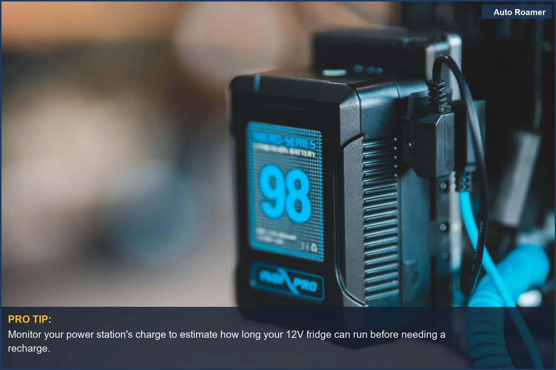 Portable power station displays 98% charge, ideal for powering a 12V fridge on the go.