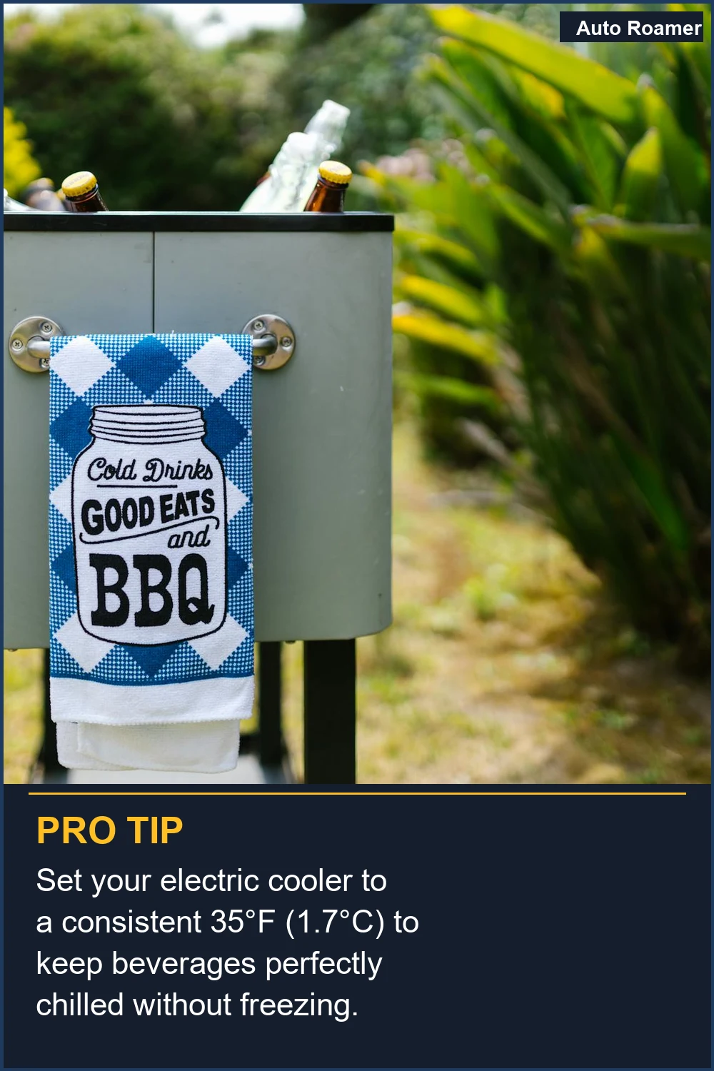 Set your electric cooler to a consistent 35°F (1.7°C) to keep beverages perfectly chilled without freezing.