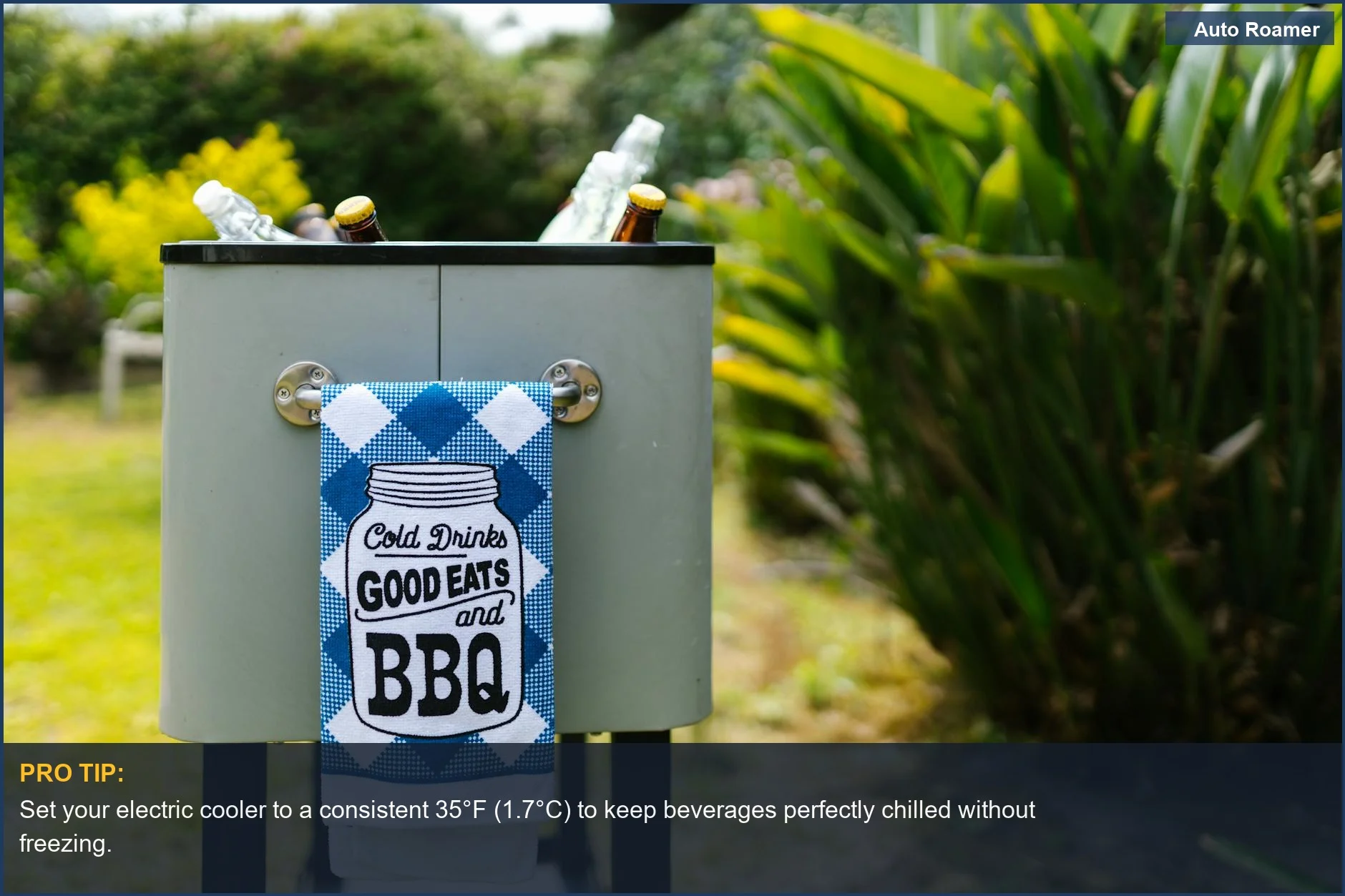 Stylish electric cooler for camping filled with refreshing drinks, ideal for outdoor gatherings.