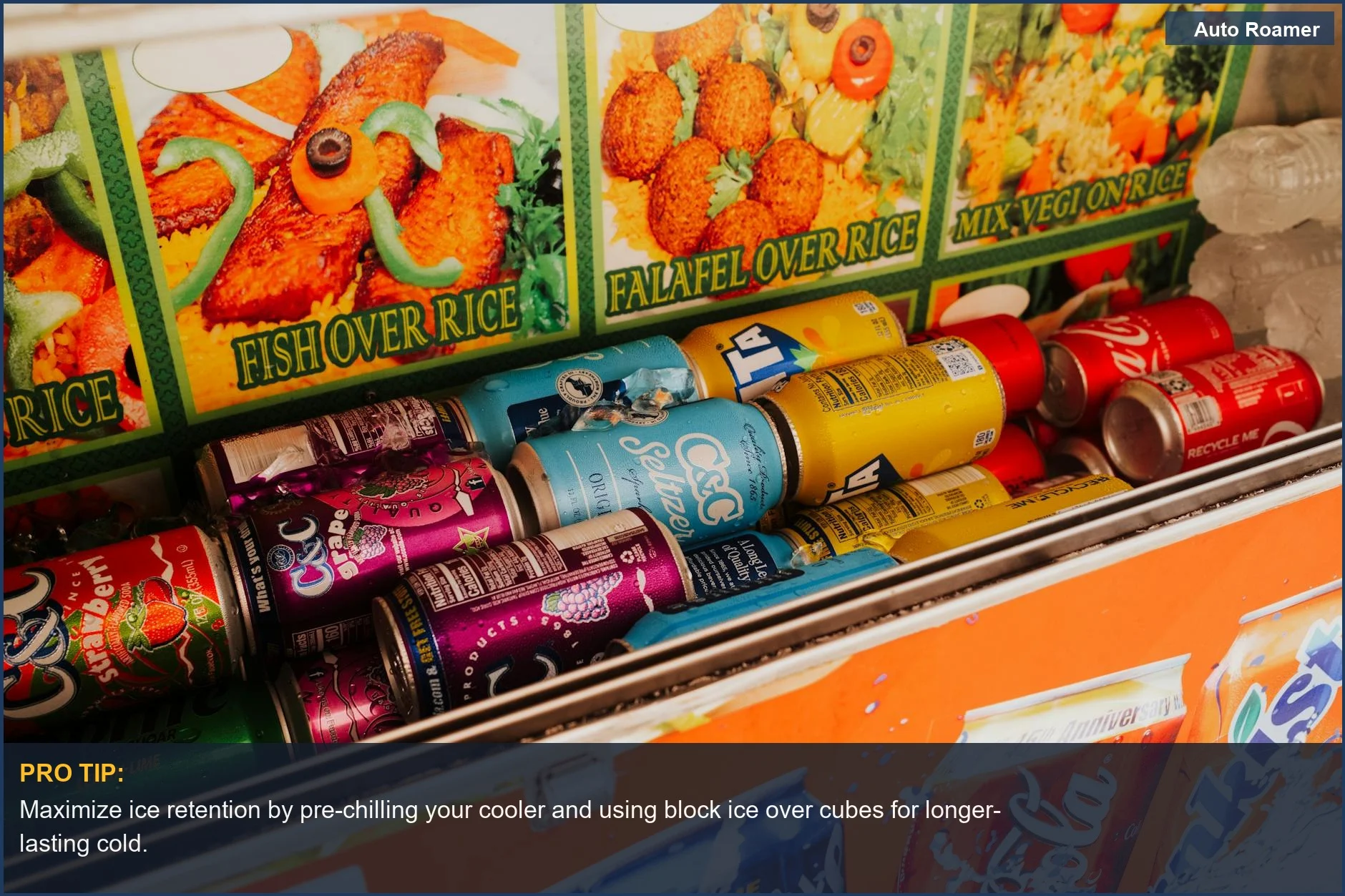 Traditional cooler packed with assorted canned beverages, highlighting passive cooling for camping trips.