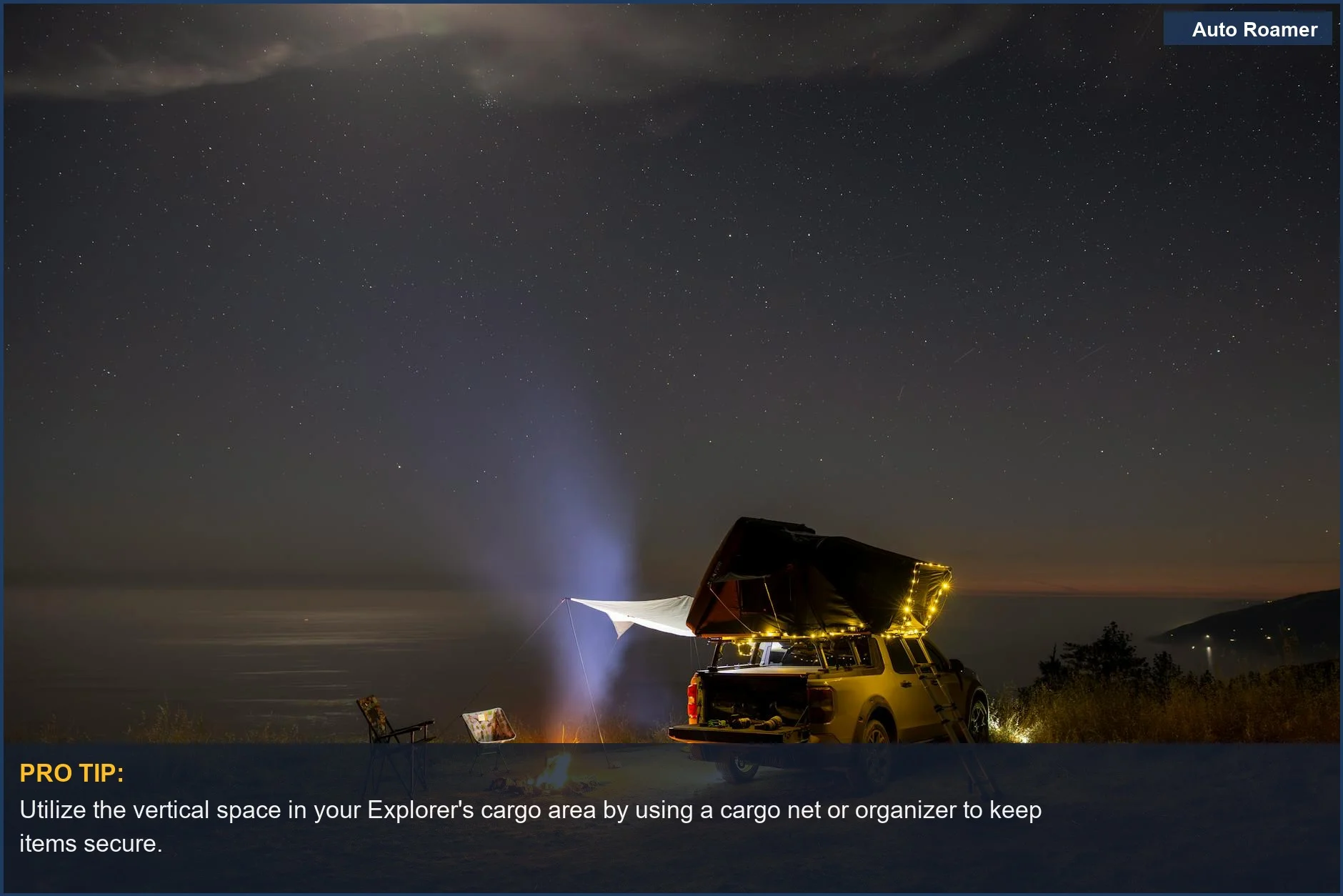 Peaceful camping scene featuring a 2026 Ford Explorer, campfire, and starlit sky in Oman, showcasing serenity.
