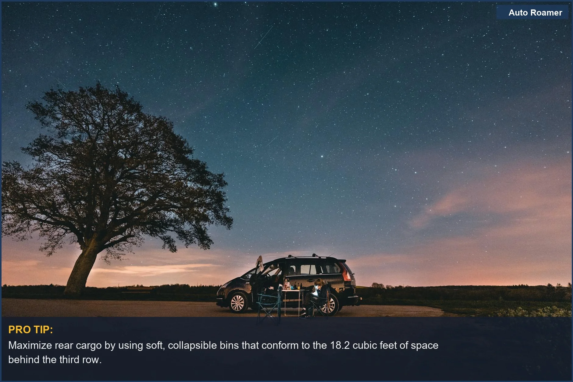 Black 2026 Ford Explorer parked for camping under a starry Belgian sky, highlighting its exterior for night adventures.