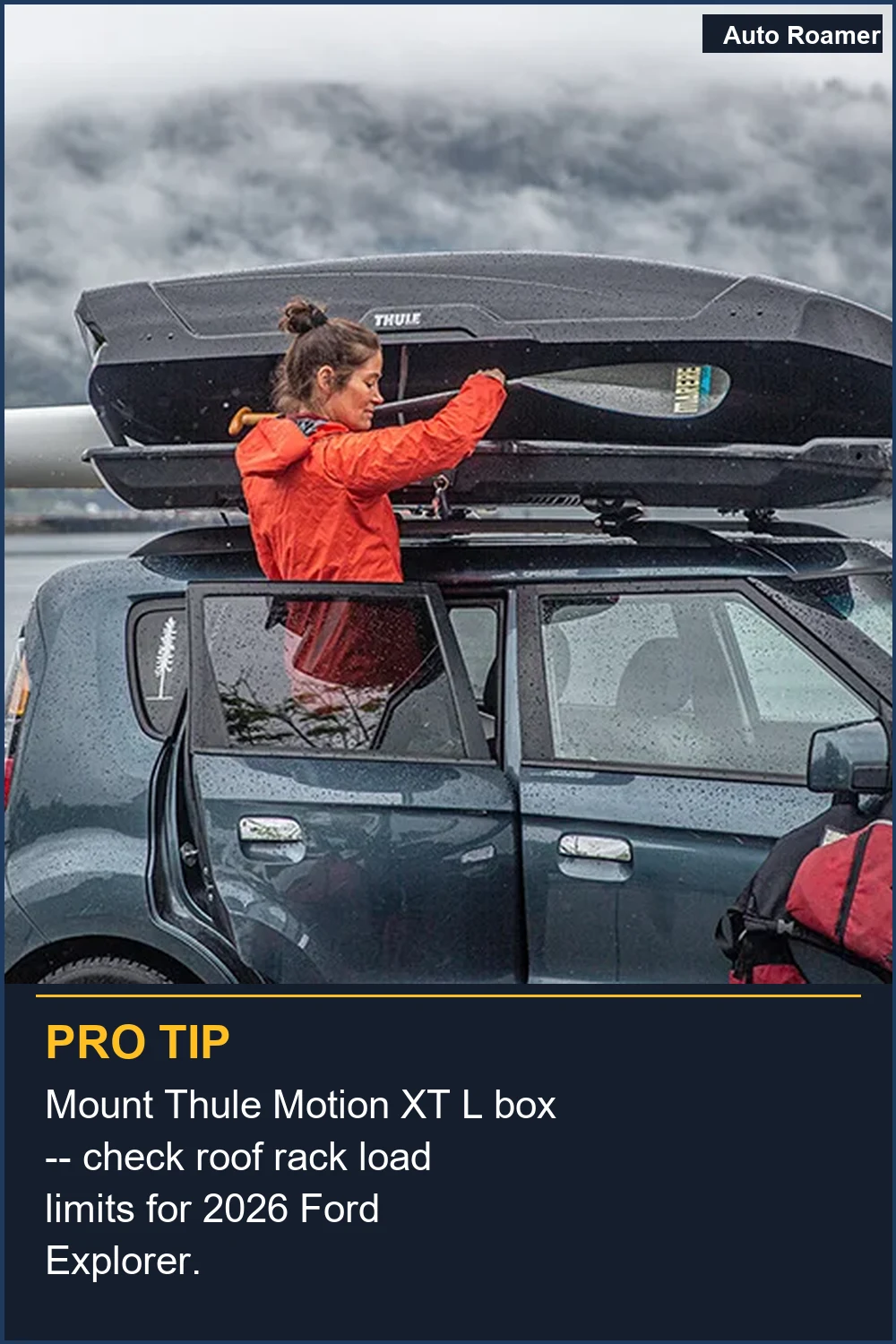 Mount Thule Motion XT L box -- check roof rack load limits for 2026 Ford Explorer.