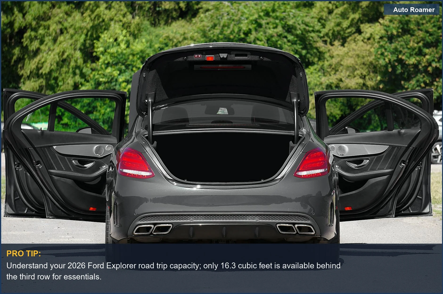 Elegant luxury car interior with all doors and trunk open, showcasing spaciousness and refined design for travel.