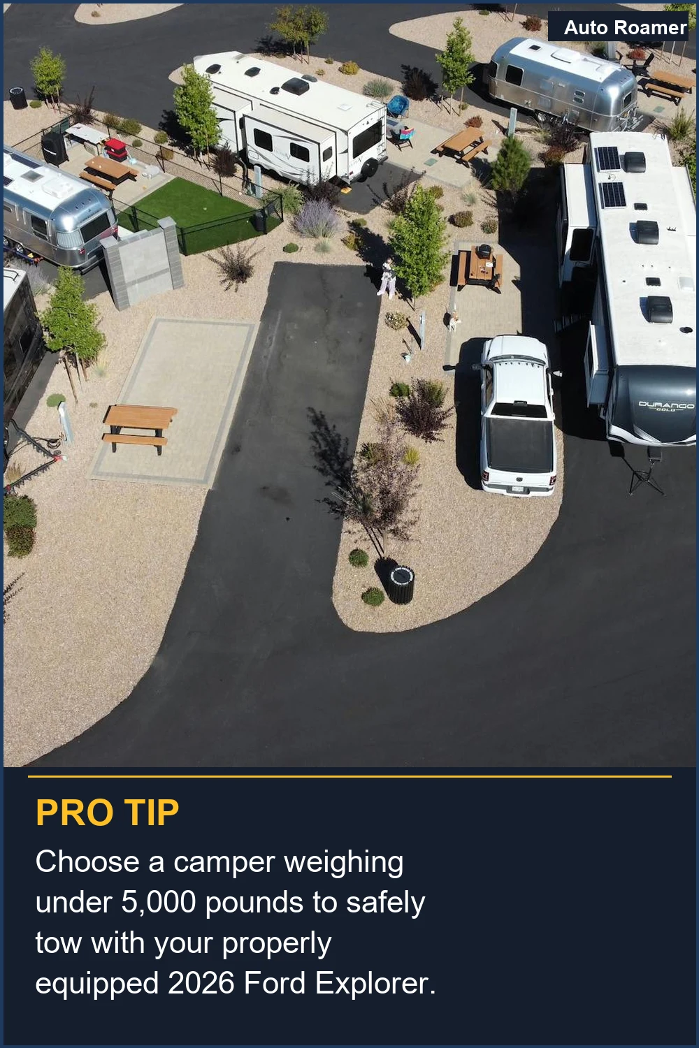 Choose a camper weighing under 5,000 pounds to safely tow with your properly equipped 2026 Ford Explorer.