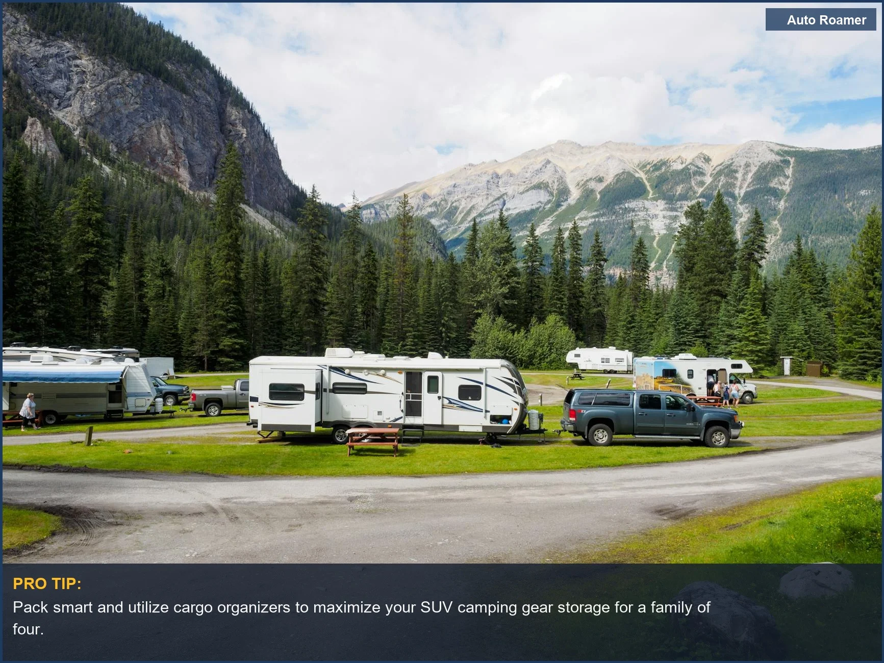 Family campsite with RVs and mountains, highlighting SUV camping gear storage possibilities.