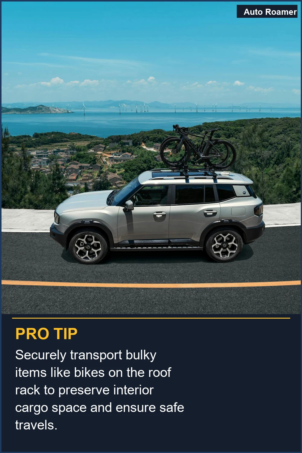 Securely transport bulky items like bikes on the roof rack to preserve interior cargo space and ensure safe travels.