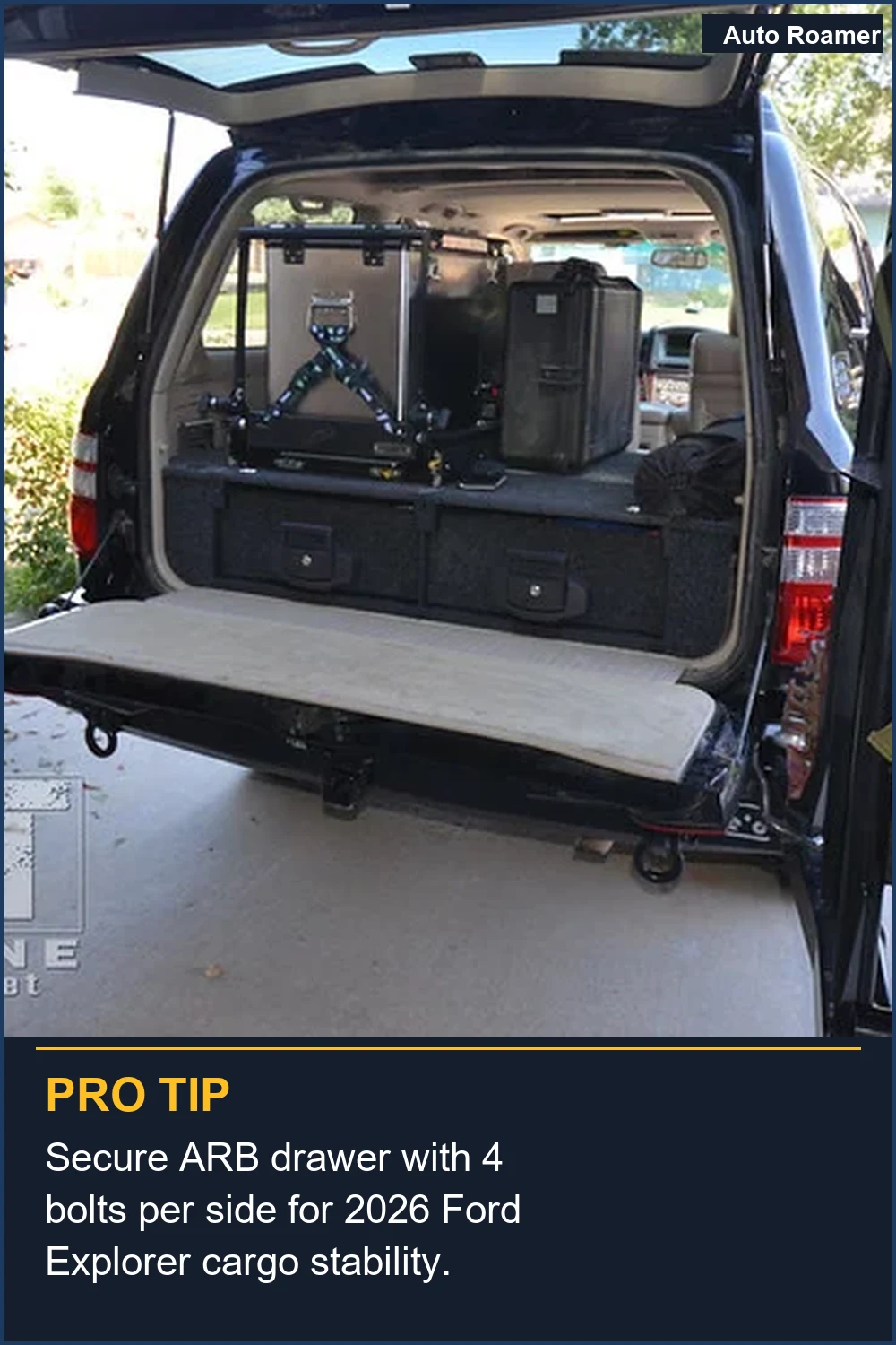 Secure ARB drawer with 4 bolts per side for 2026 Ford Explorer cargo stability.
