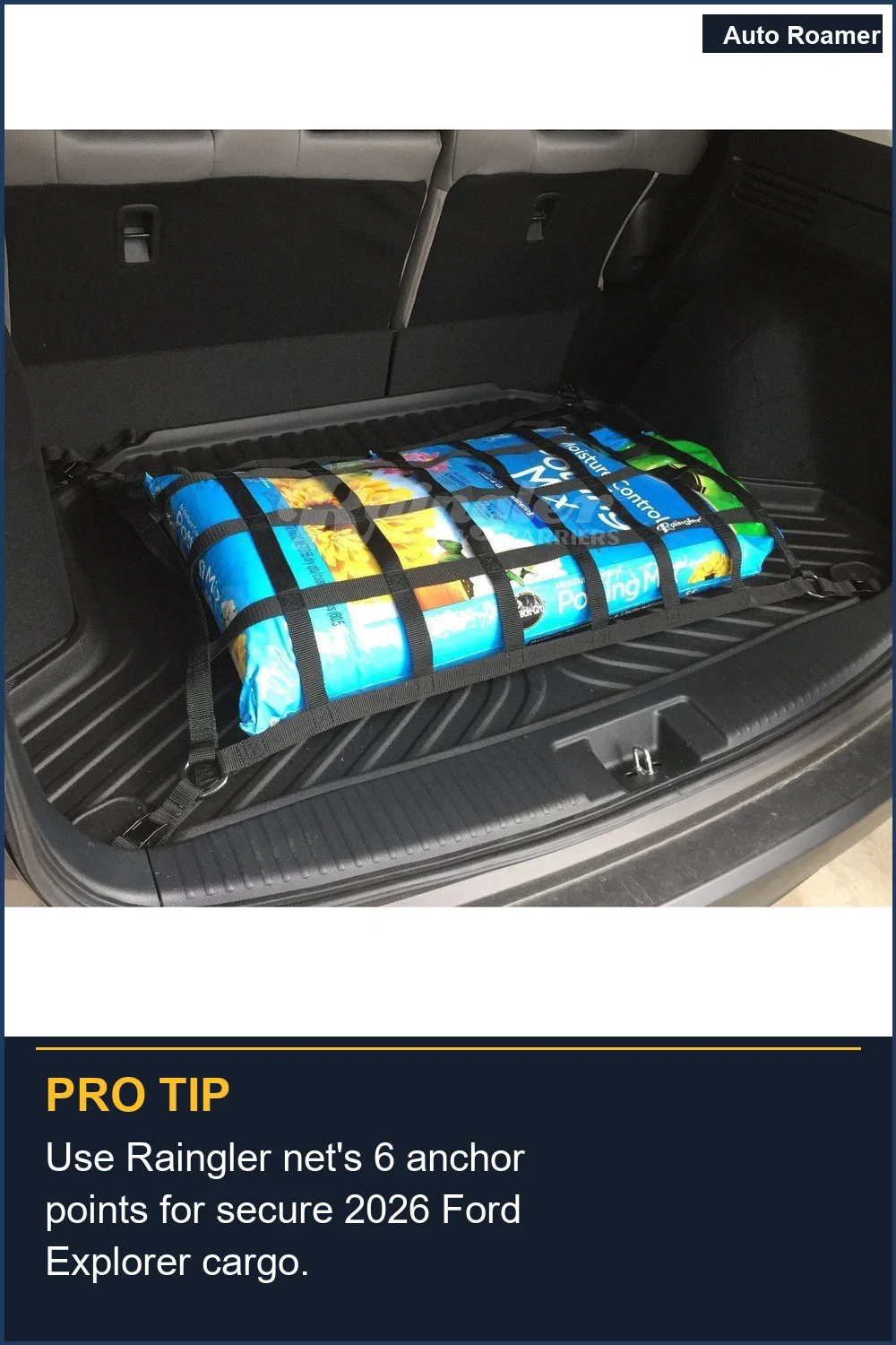 Use Raingler net's 6 anchor points for secure 2026 Ford Explorer cargo.