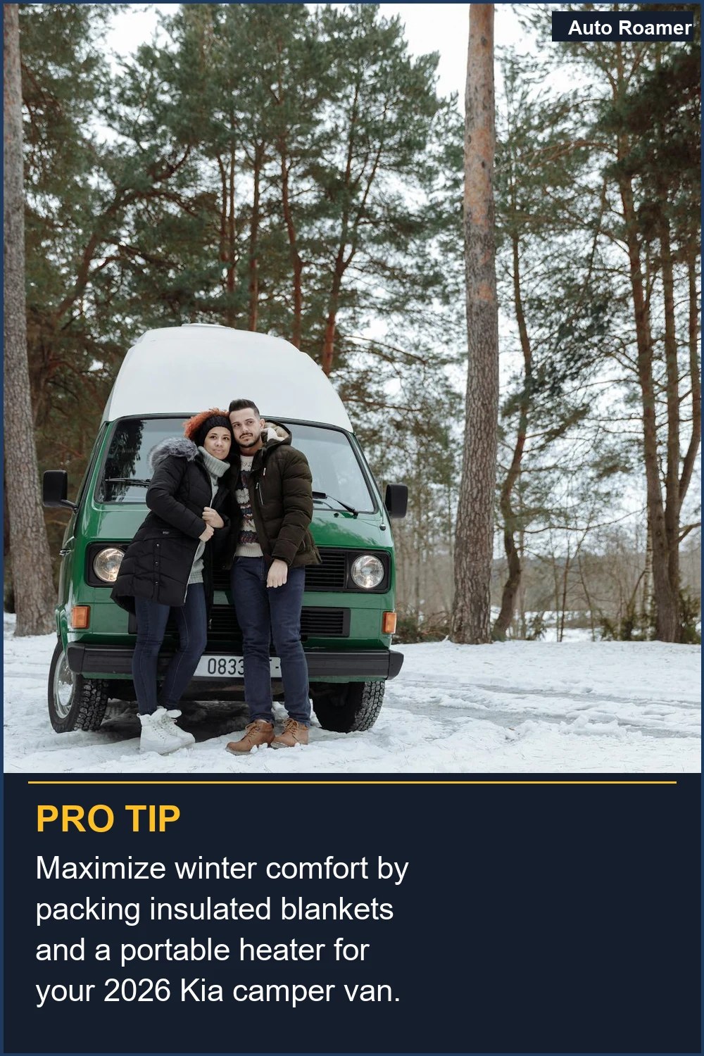 Maximiza el confort invernal empacando mantas térmicas y un calentador portátil para tu furgoneta camper Kia 2026.
