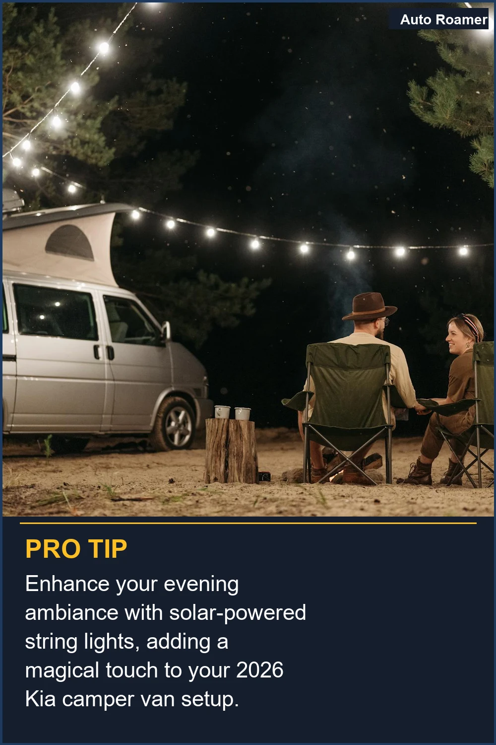Mejora el ambiente de tu noche con luces de cadena a energía solar, añadiendo un toque mágico a la configuración de tu furgoneta camper Kia 2026.