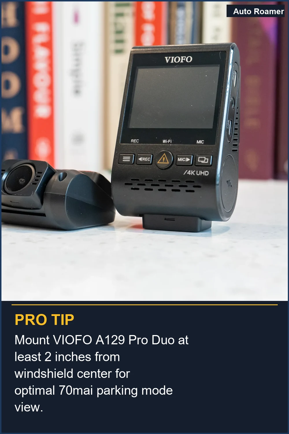 Mount VIOFO A129 Pro Duo at least 2 inches from windshield center for optimal 70mai parking mode view.