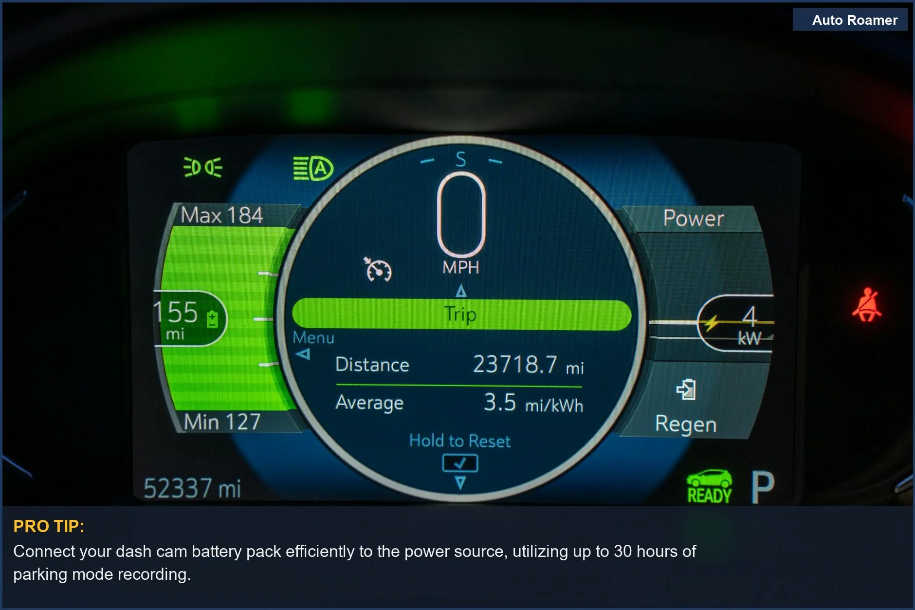 Detailed view of an electric vehicle's dashboard showing speed and power metrics, relevant to dash cam power sources.