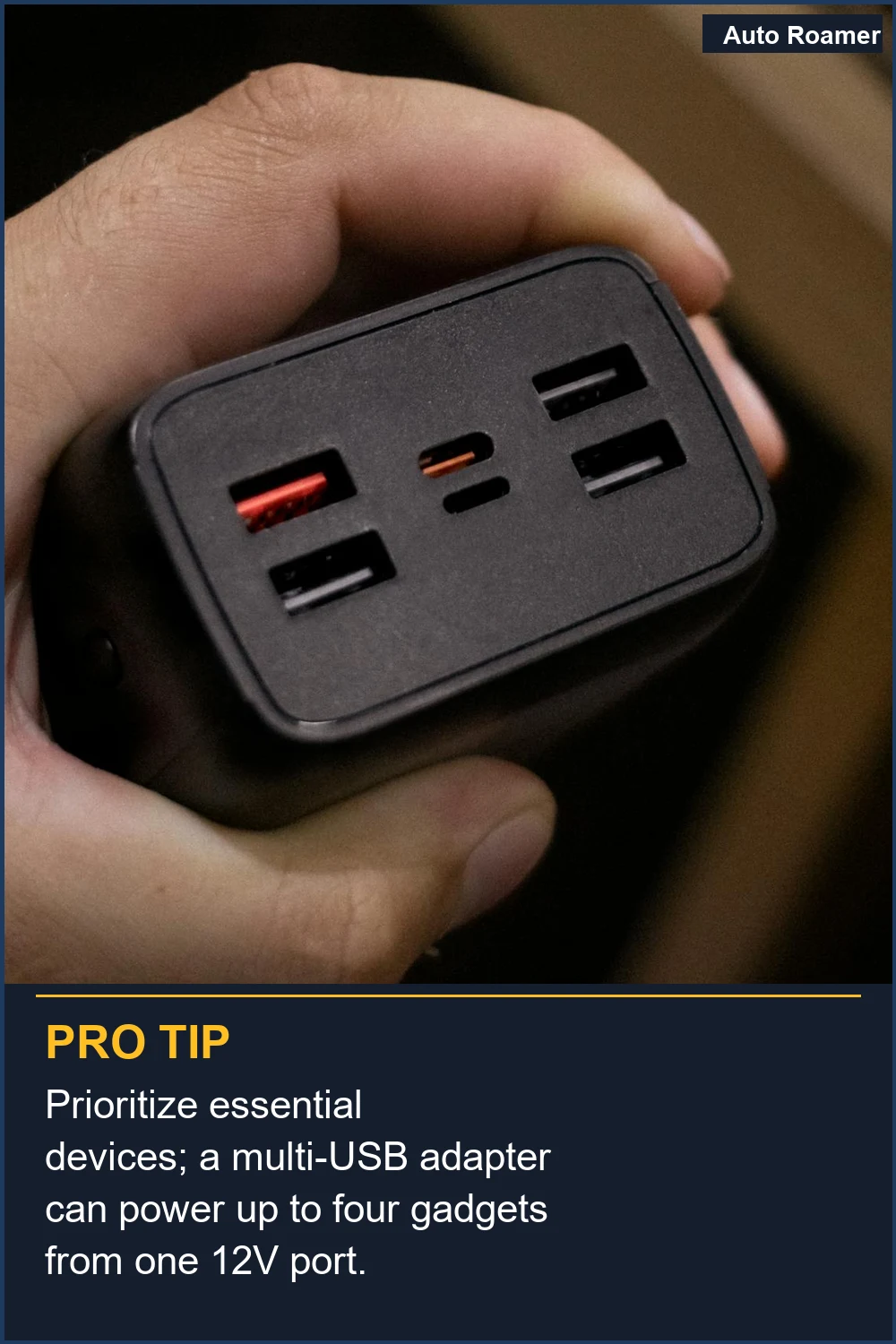 Prioritize essential devices; a multi-USB adapter can power up to four gadgets from one 12V port.