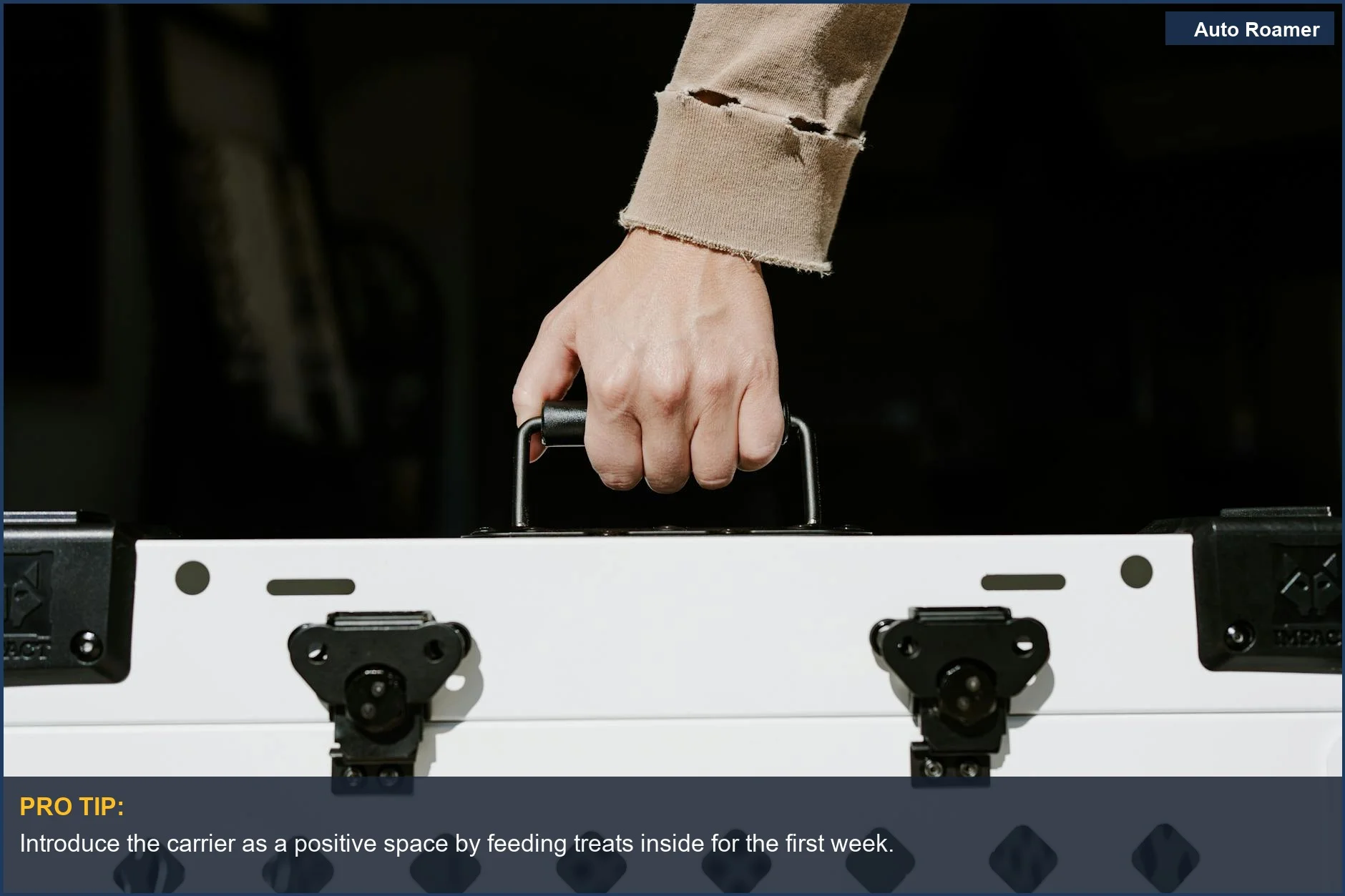 Hand holding the handle of a sturdy white dog crate, symbolizing secure carrier acclimation.
