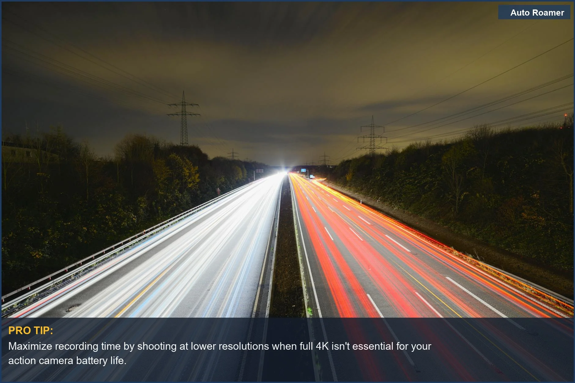 Action camera battery life comparison shows glowing red light trails on a dark highway at night.