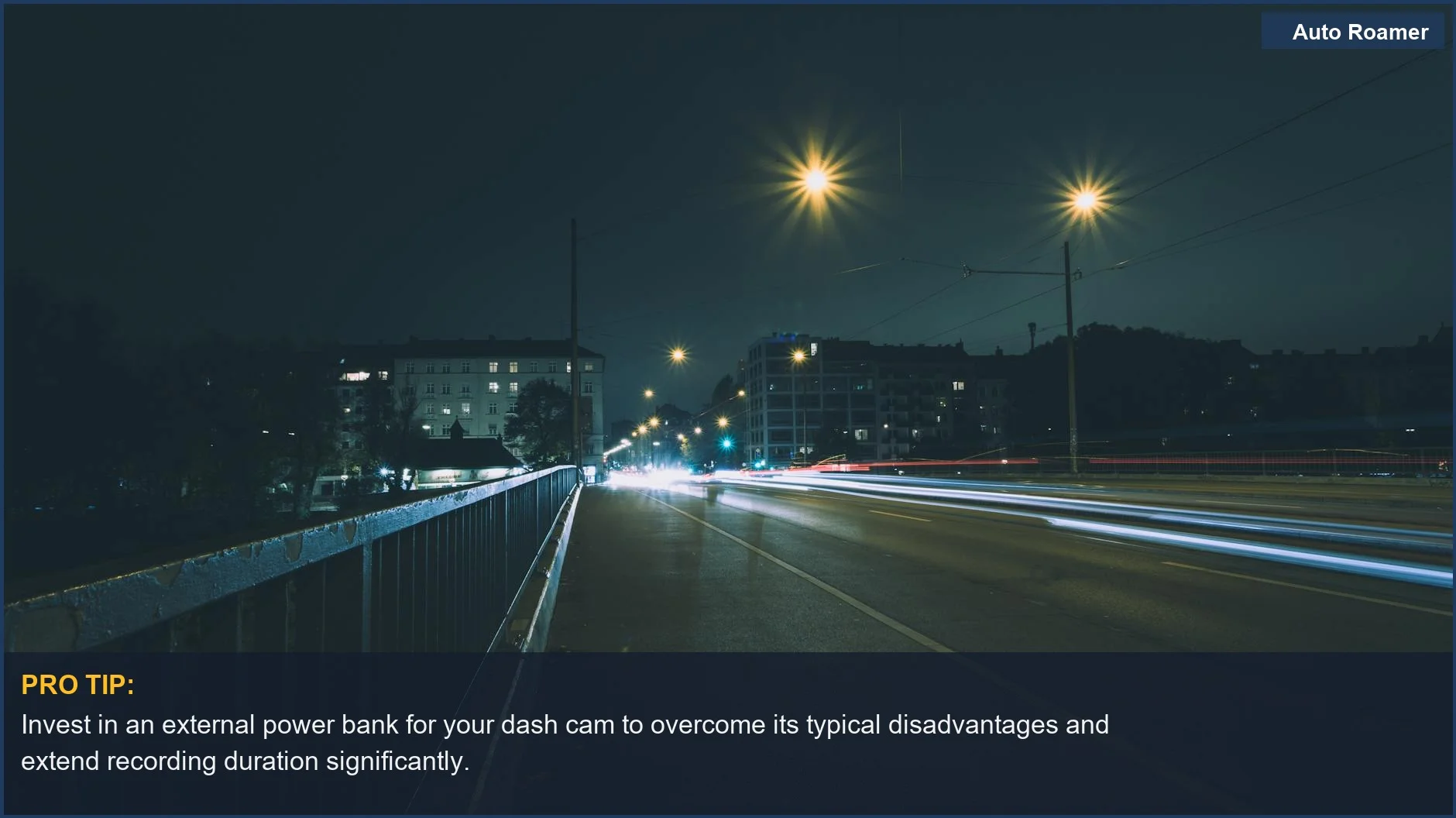Night street view in Munich with car light trails, highlighting dash cam disadvantages in low-light power drain.
