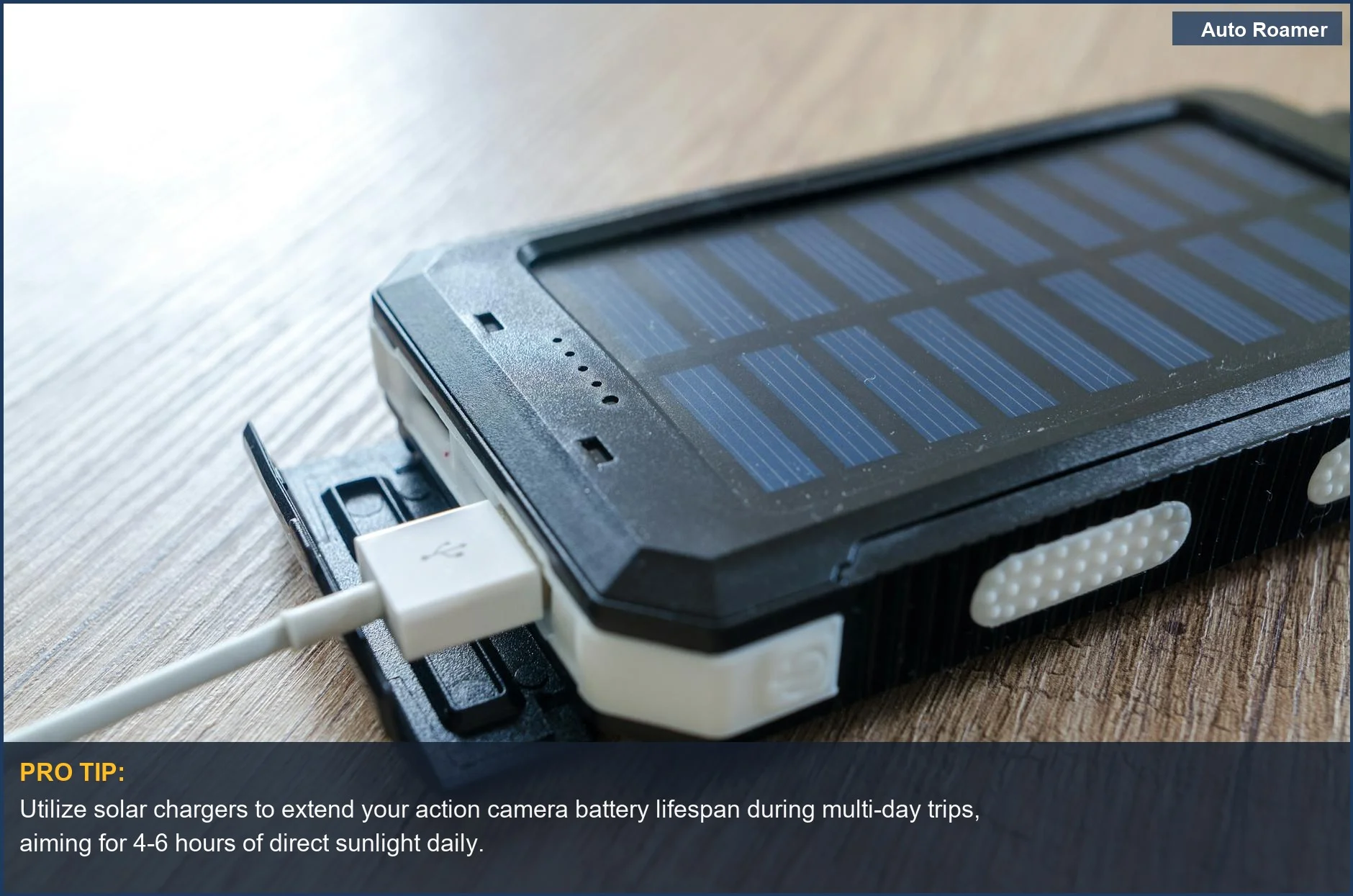 Close-up of solar charger with USB connection, a sustainable way to recharge action camera batteries for outdoor adventures.