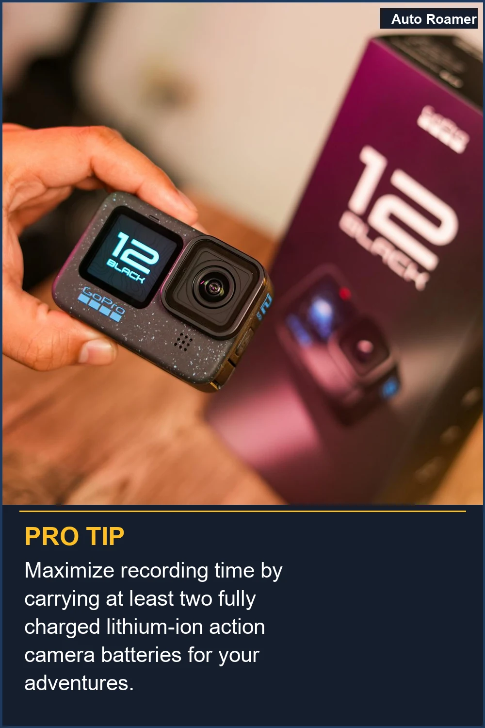 Maximize recording time by carrying at least two fully charged lithium-ion action camera batteries for your adventures.