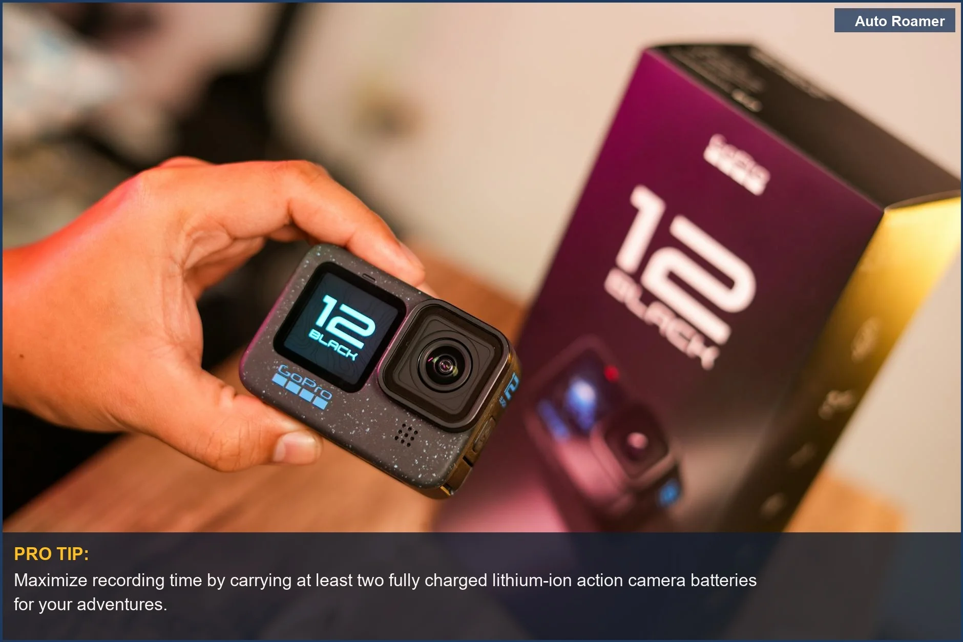 Action camera and packaging box highlight lithium-ion battery technology for extended recording.