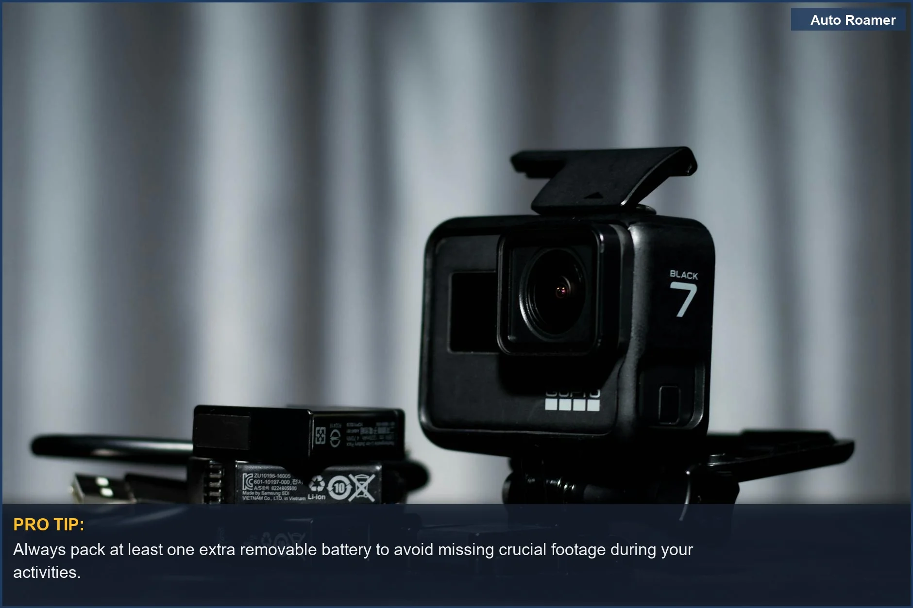 Detailed view of action camera and spare removable batteries for continuous filming.